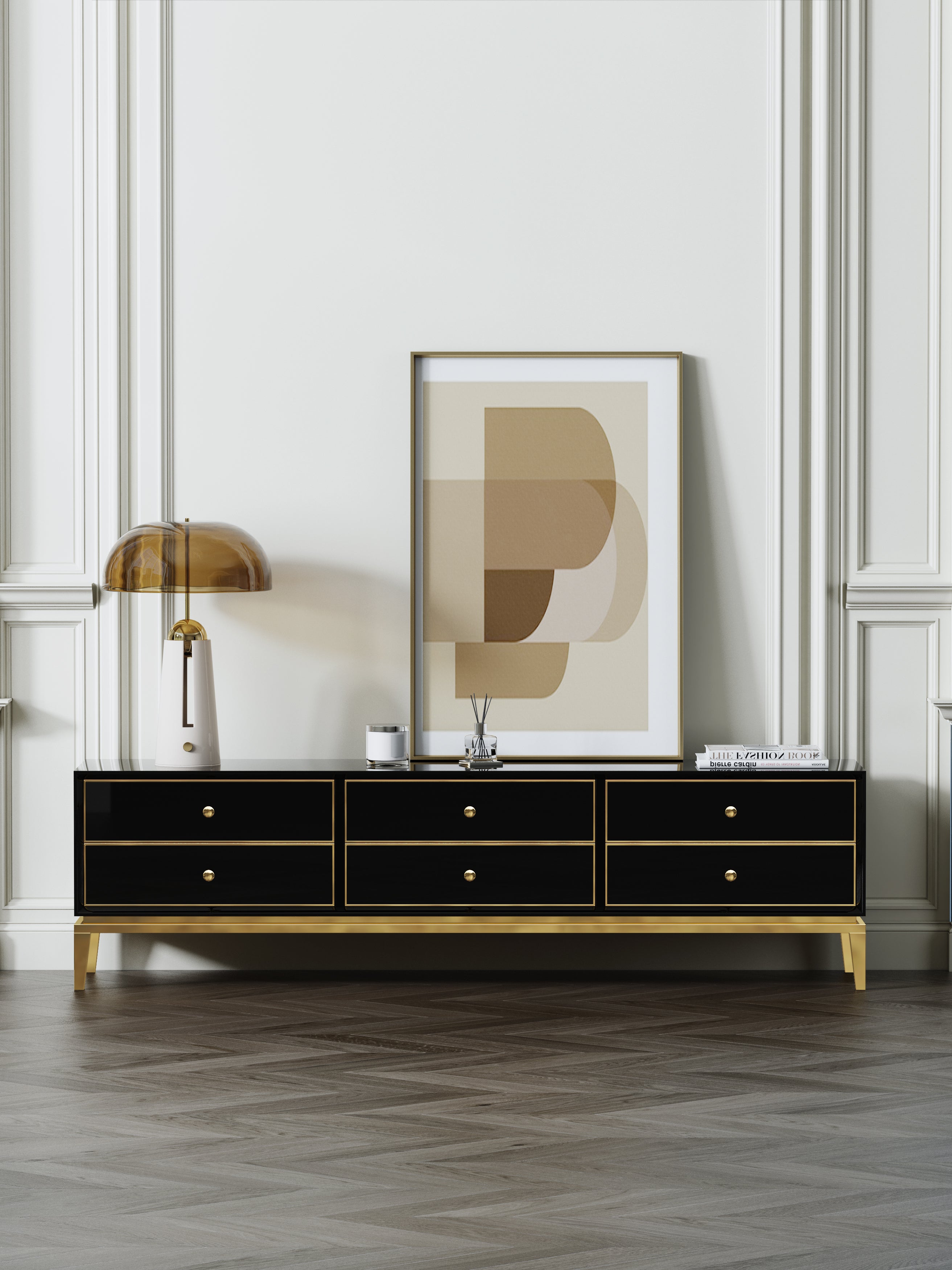 High-Gloss Media Console with Stainless Steel Accents