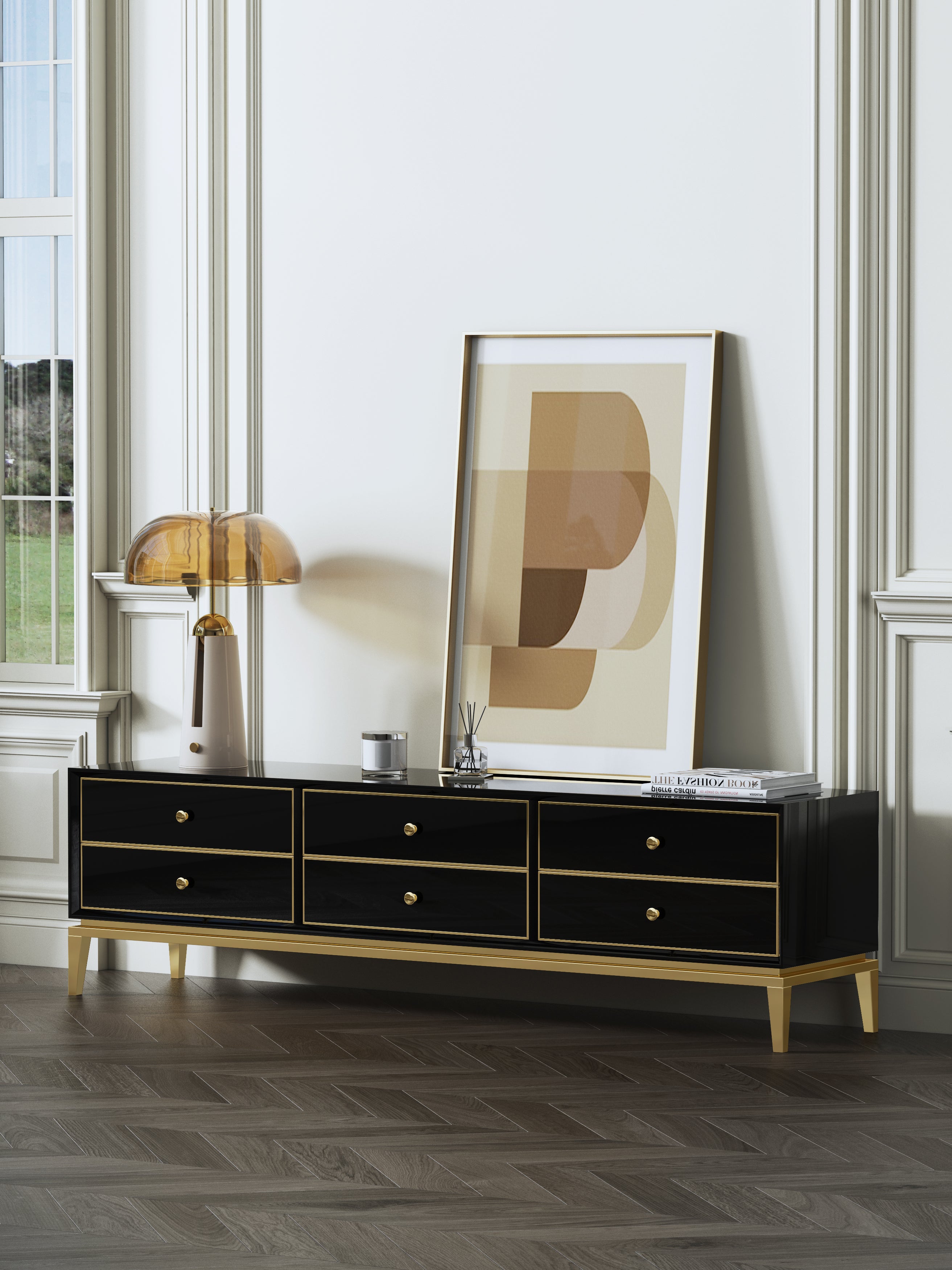 High-Gloss Media Console with Stainless Steel Accents