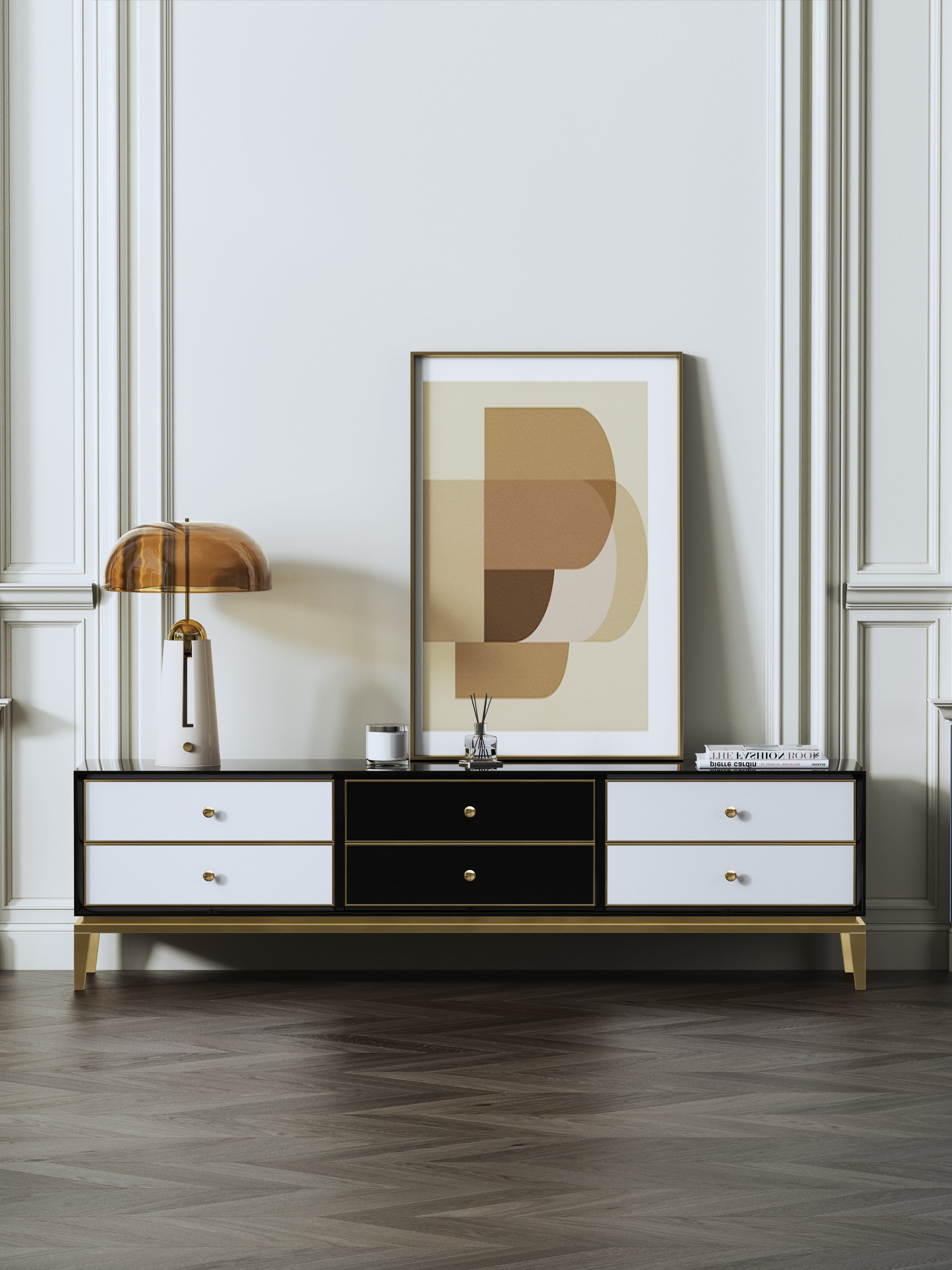 High-Gloss Media Console with Stainless Steel Hardware