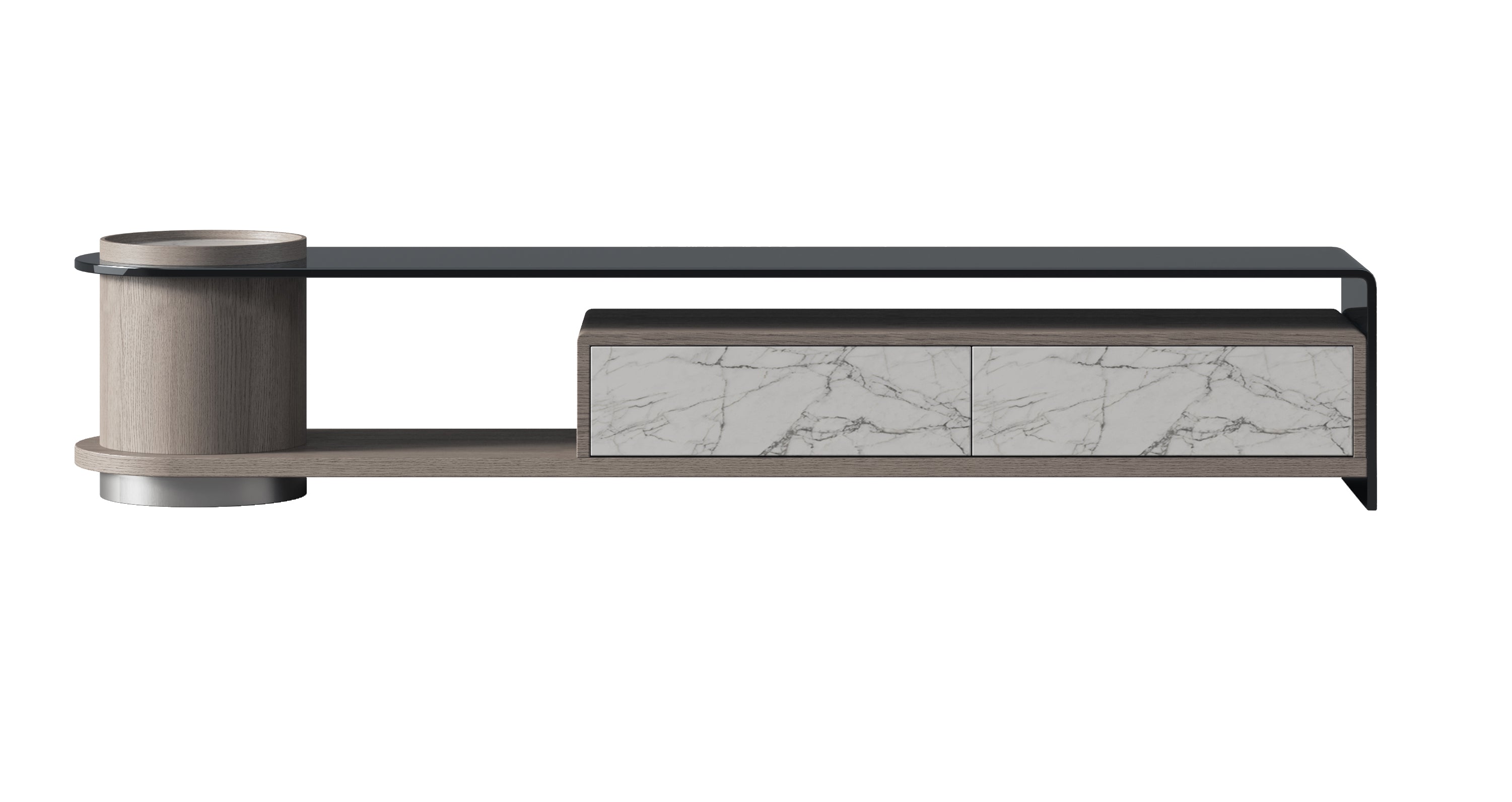 Oak and Grey Glass Media Console with Stone Top