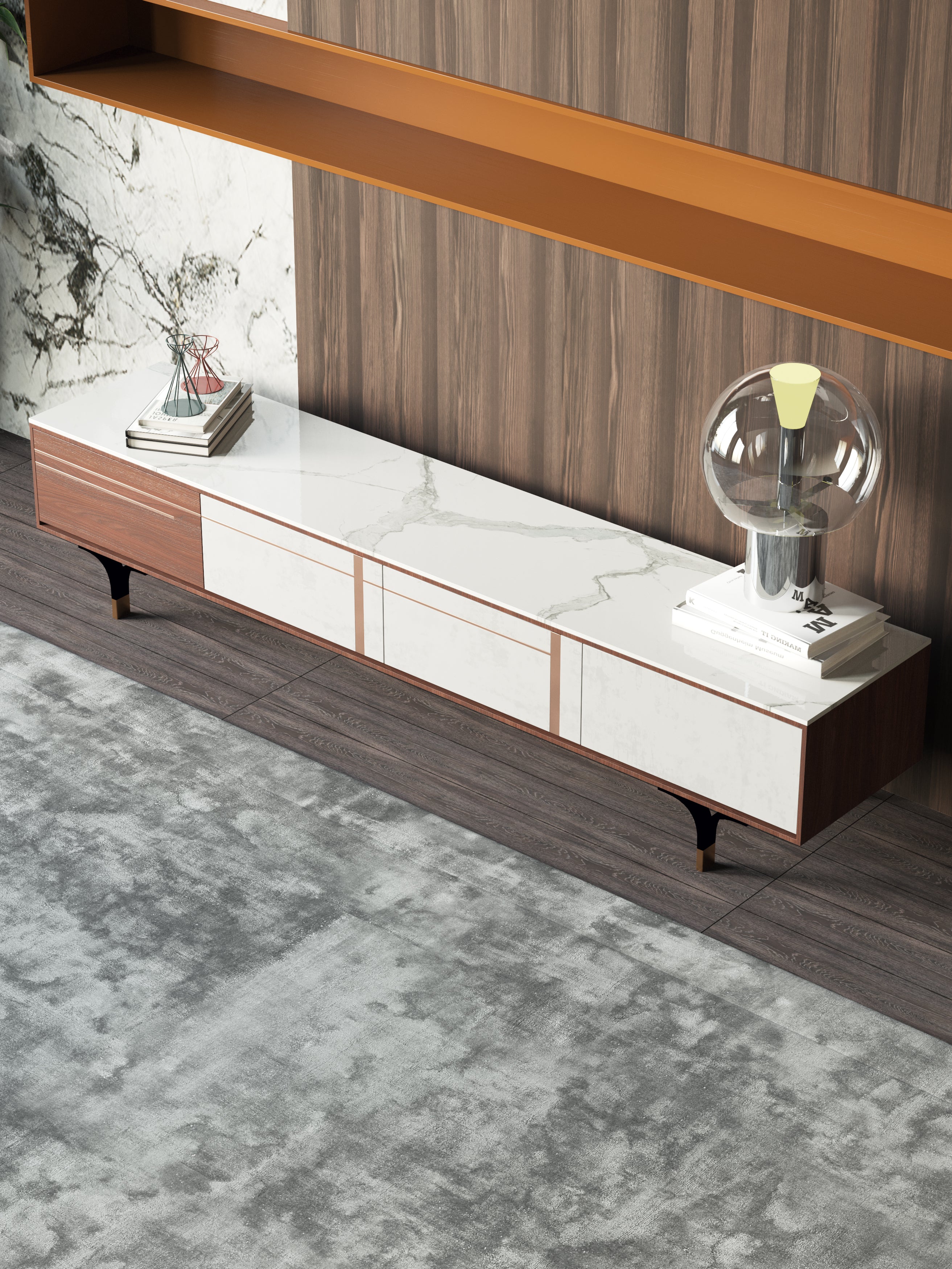 Walnut and Stone Media Console with Metal Base
