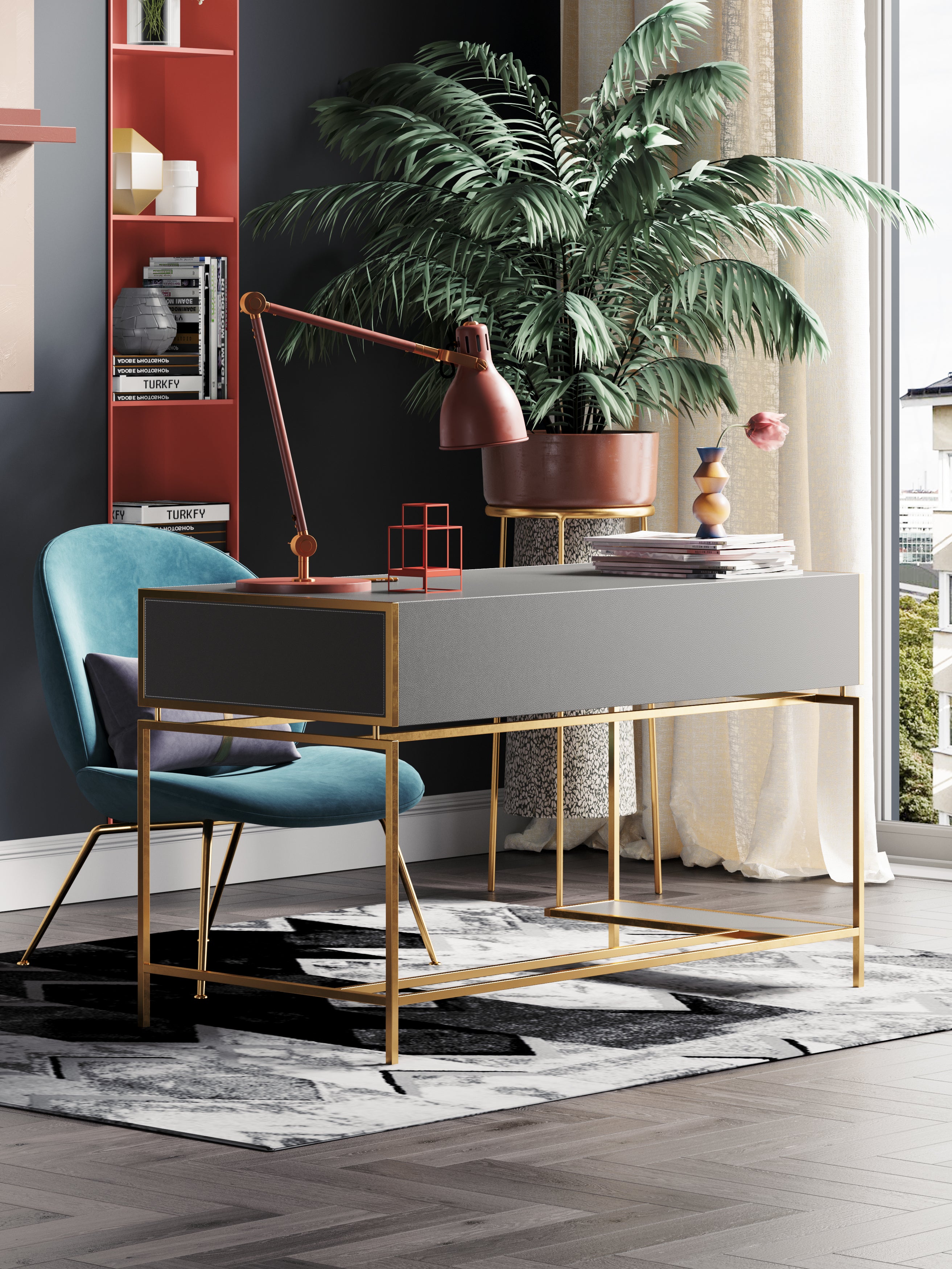 Saddle Leather and Stainless Steel Office Desk