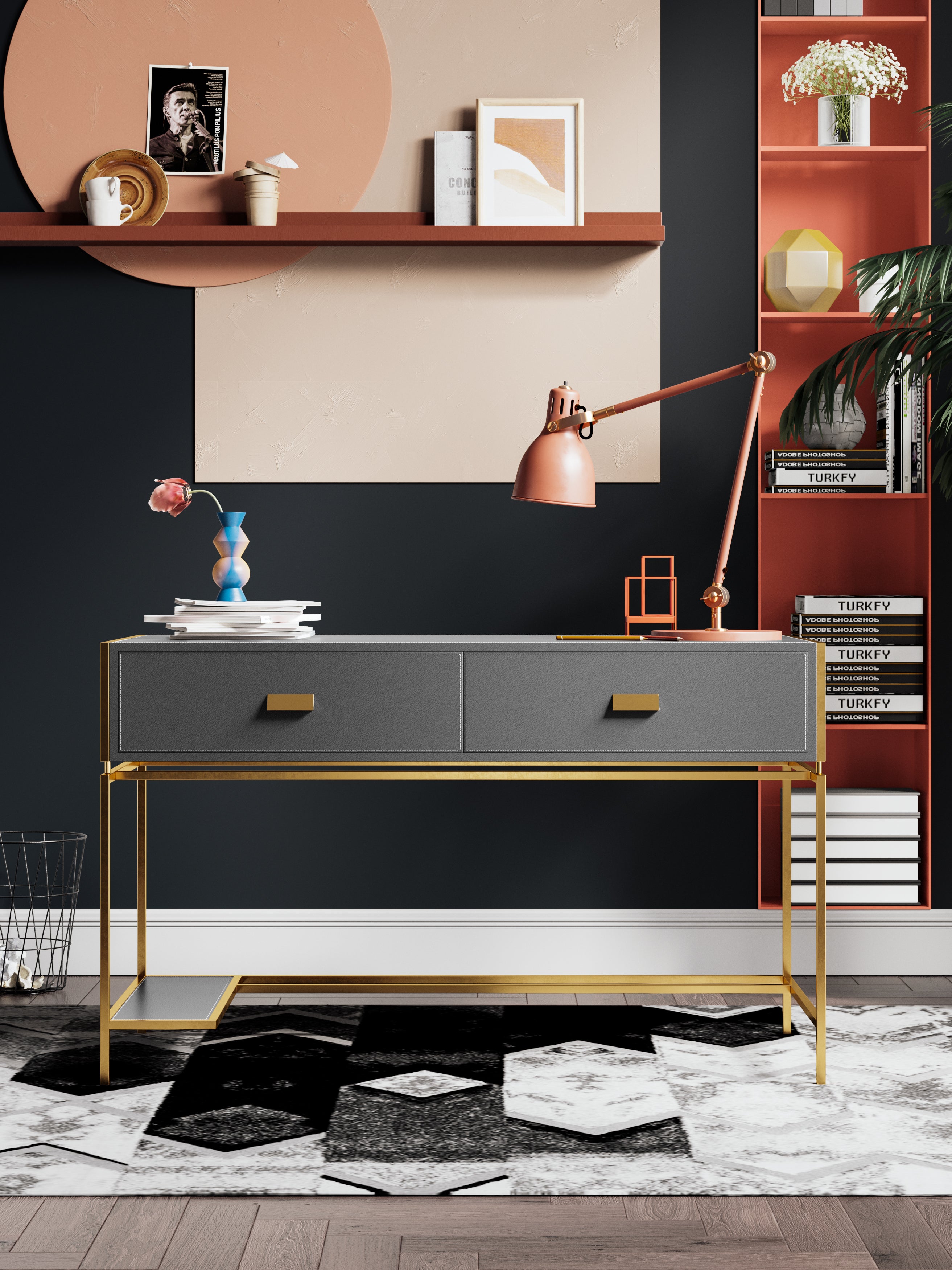 Saddle Leather and Stainless Steel Office Desk