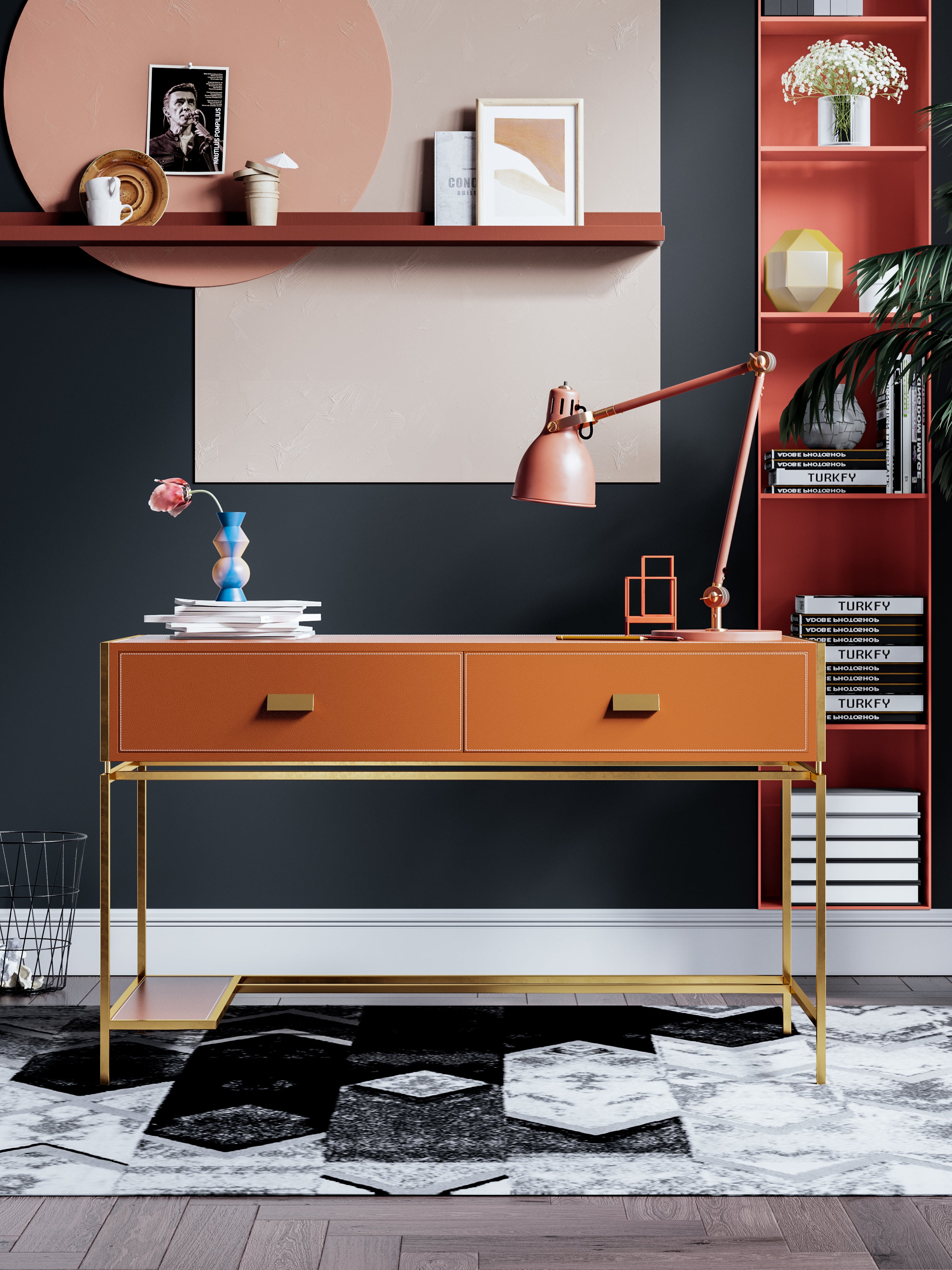 Saddle Leather and Stainless Steel Office Desk