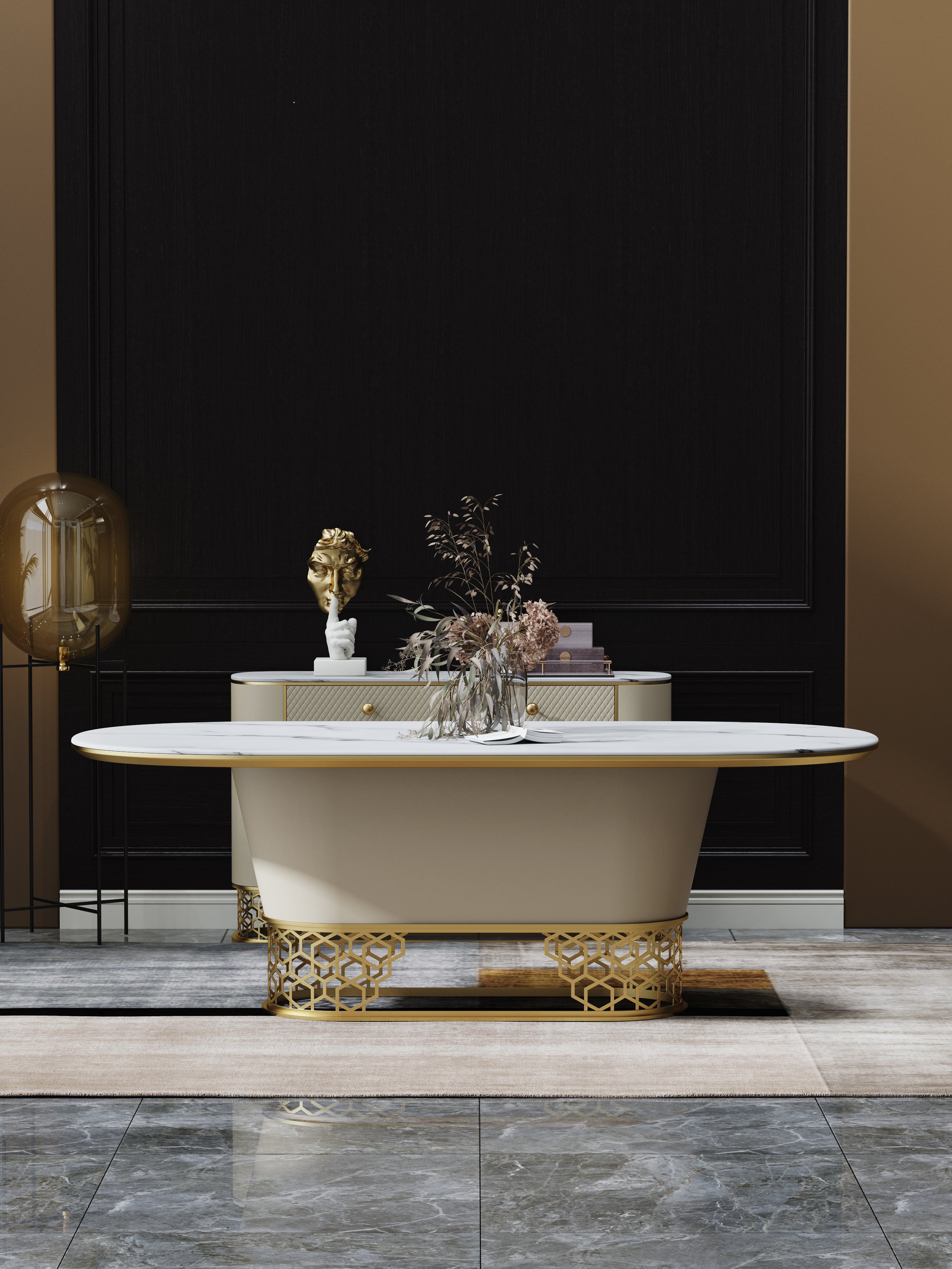 Marble And Leather And Stainless Steel Gold Dining Table