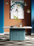 Marble and Fabric-Accent Stainless-Steel Dining Table