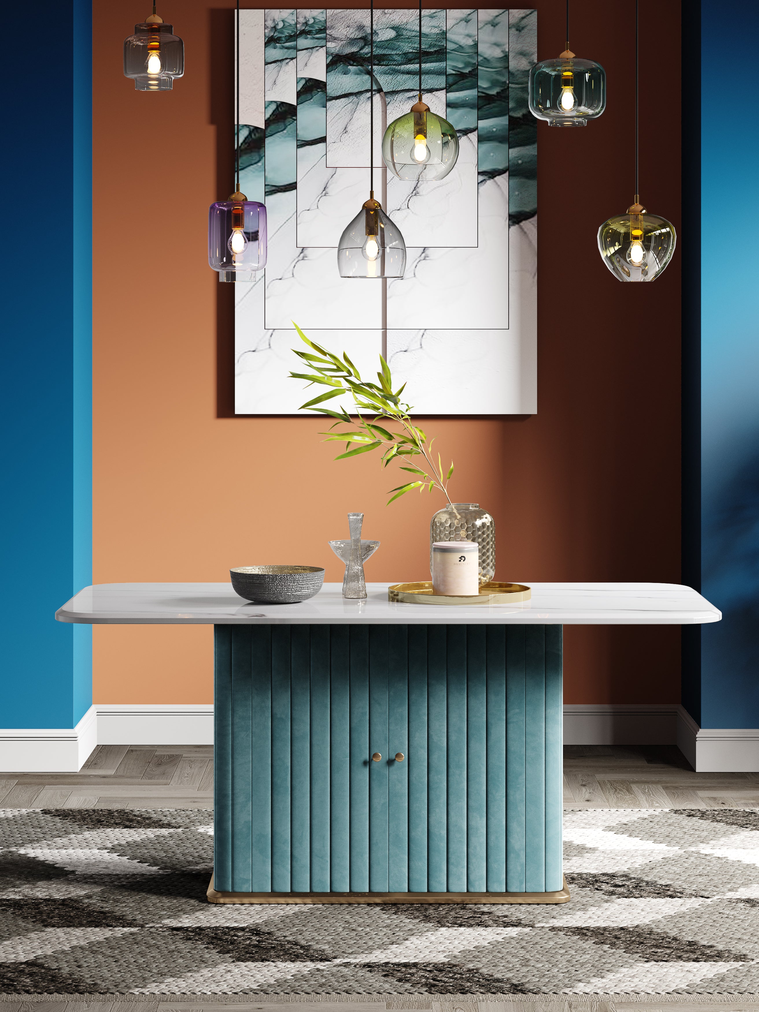 Marble and Fabric-Accent Stainless-Steel Dining Table