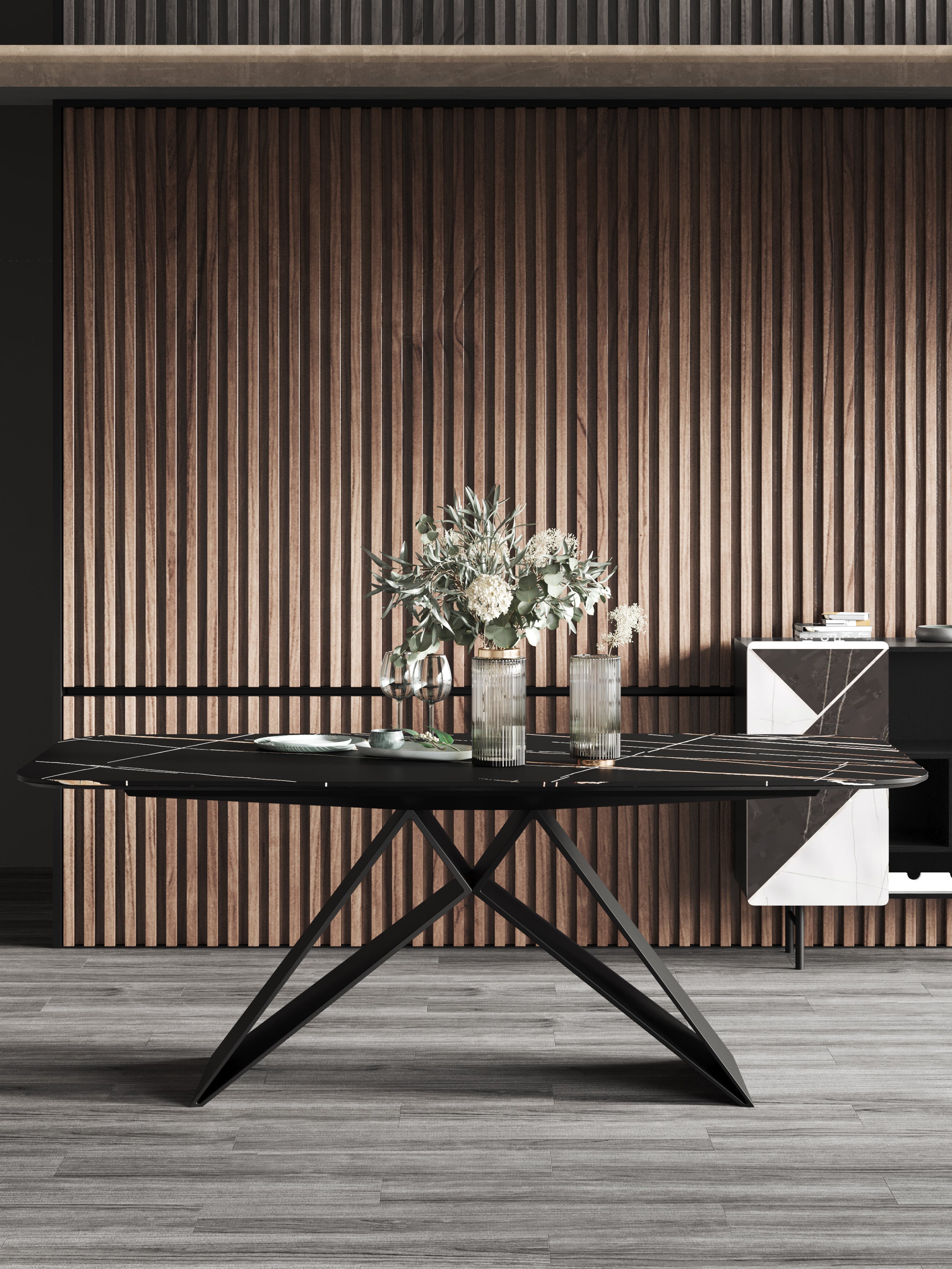 Vitrolite Lauren Black Gold And Metal Dining Table