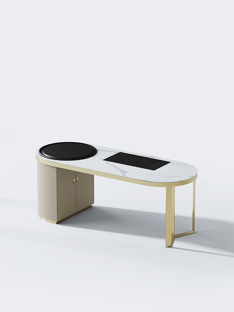 Vitrolite-Top Office Lounge Table with Brushed Gold Accents