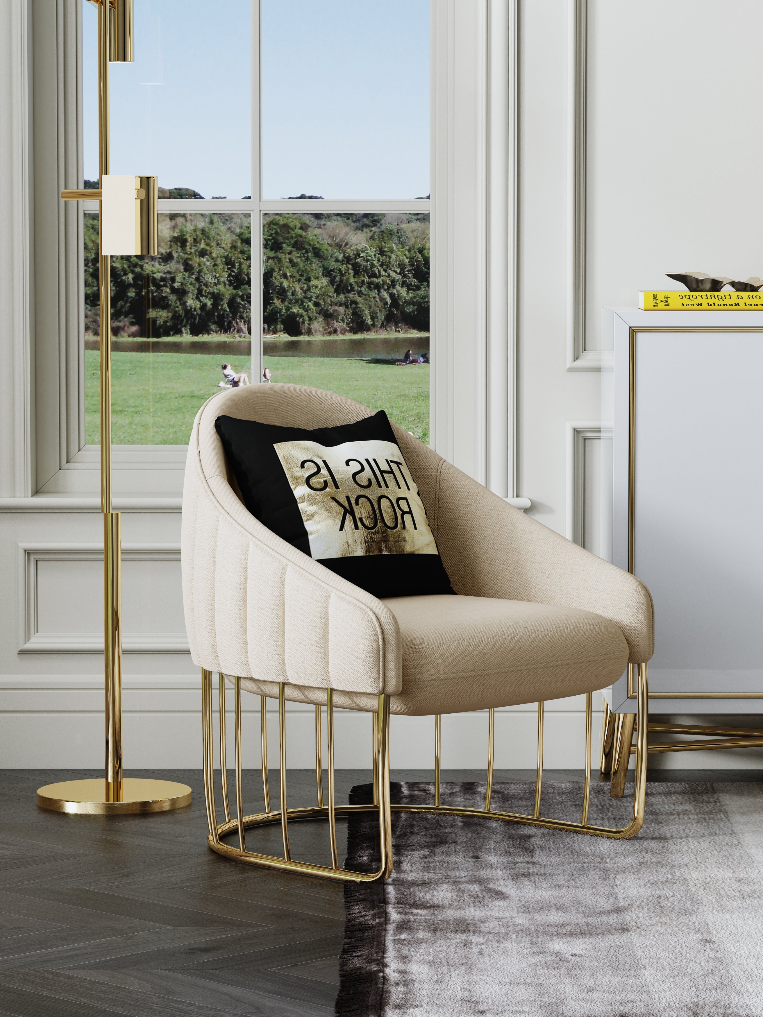 Warm White Upholstered Accent Chair with Metal Accents
