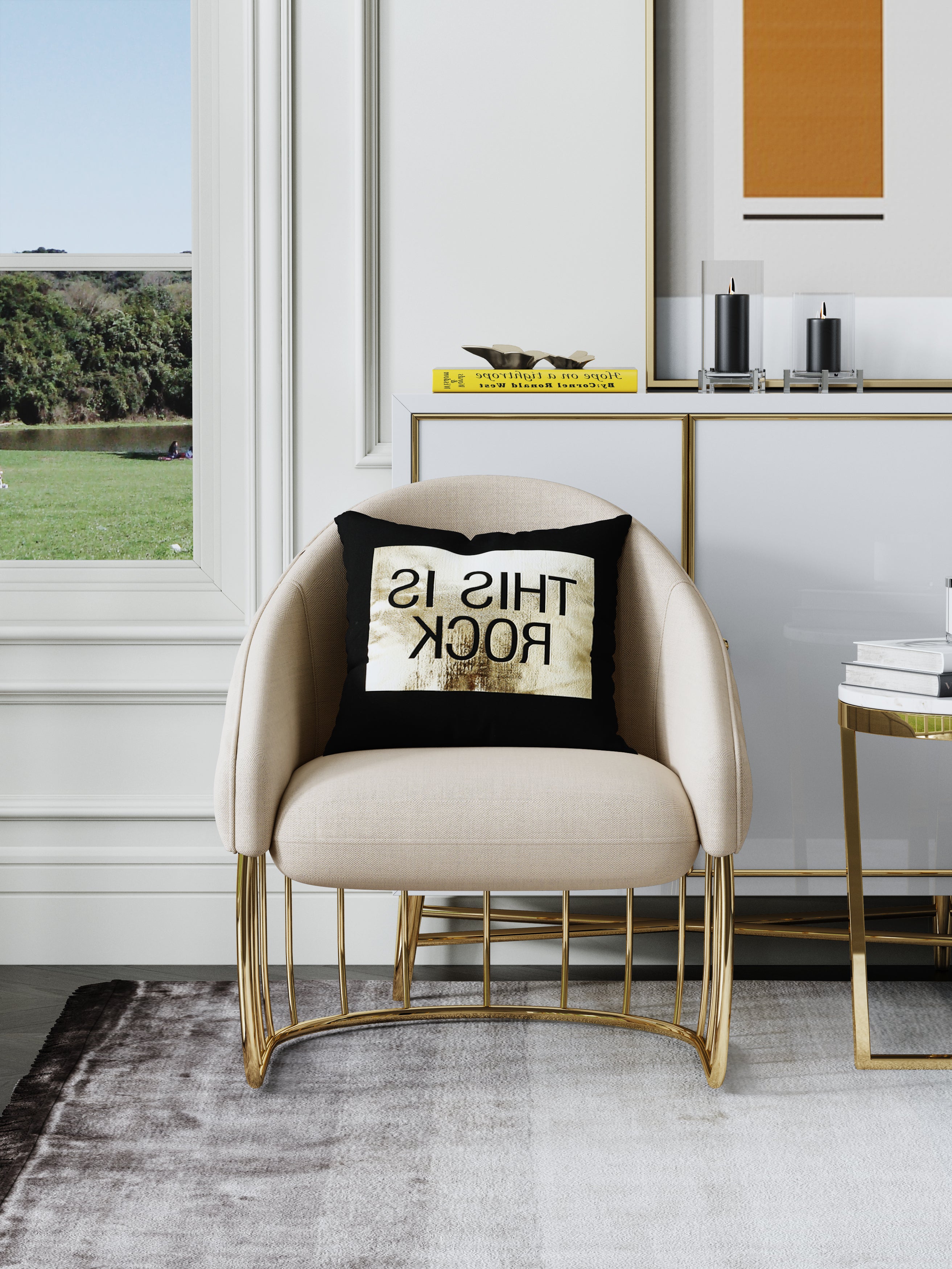 Warm White Upholstered Accent Chair with Metal Accents