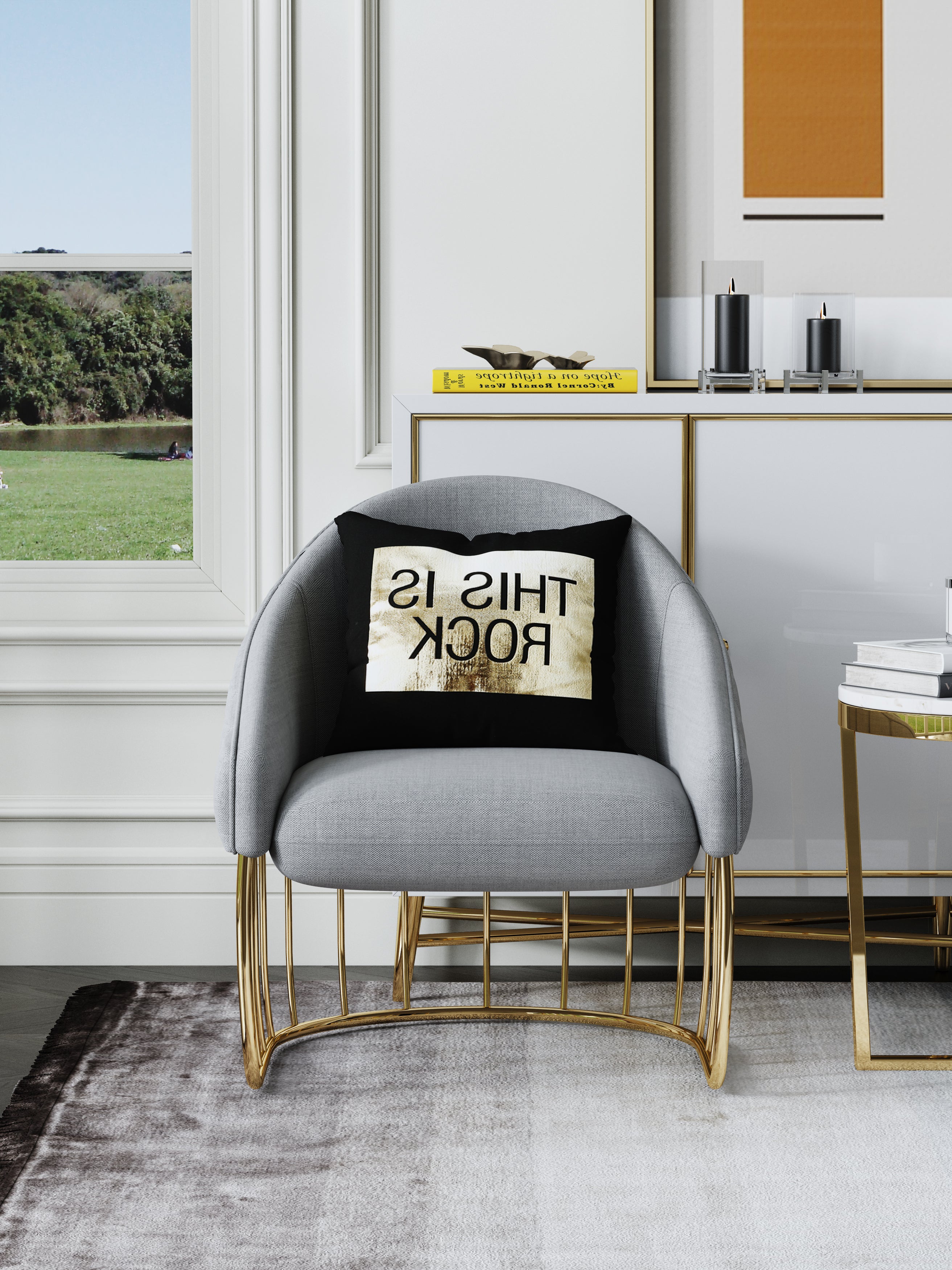 Grey Upholstered Accent Chair with Metal Accents