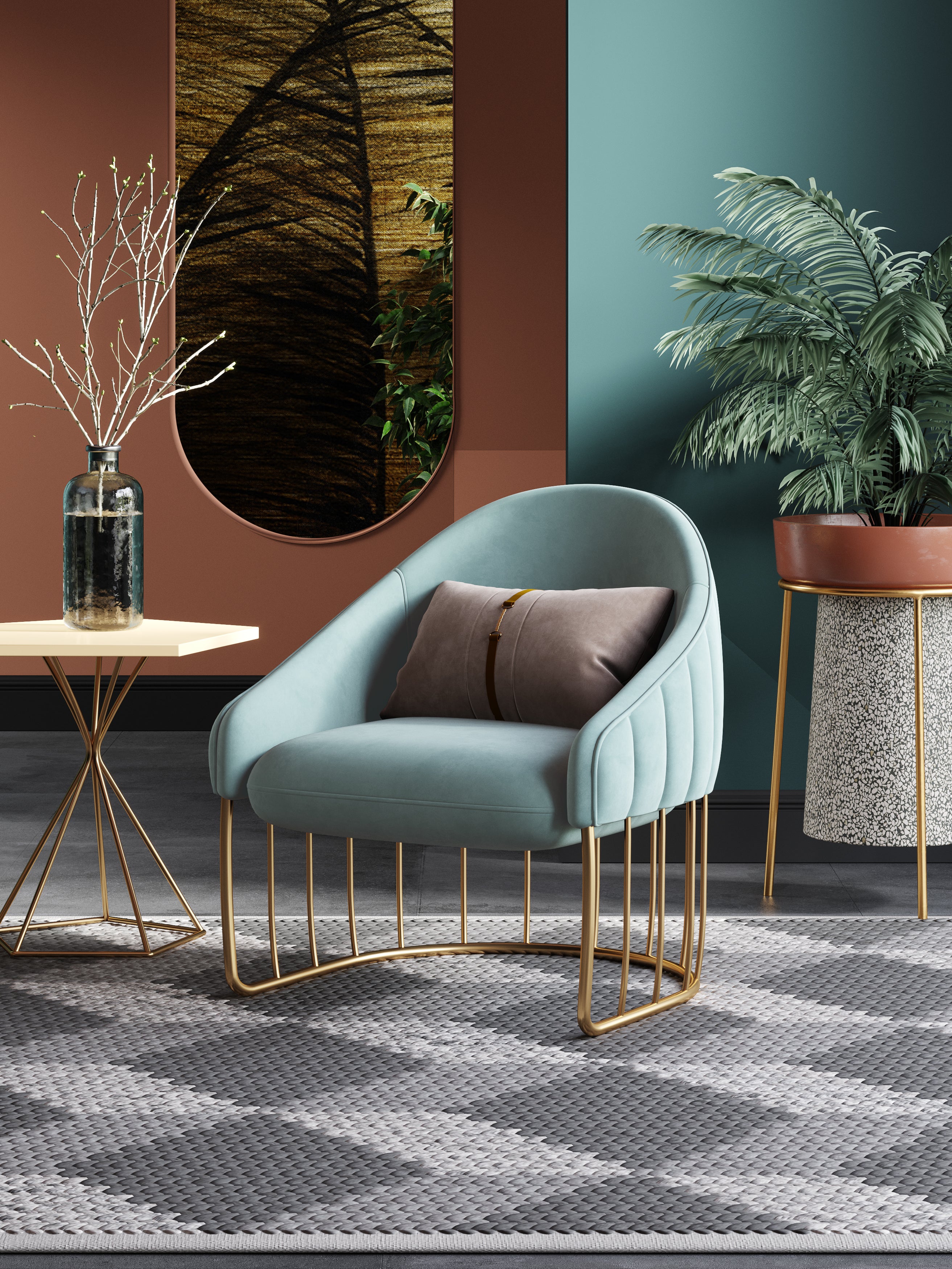 Blue Velvet Accent Chair with Metal Accents