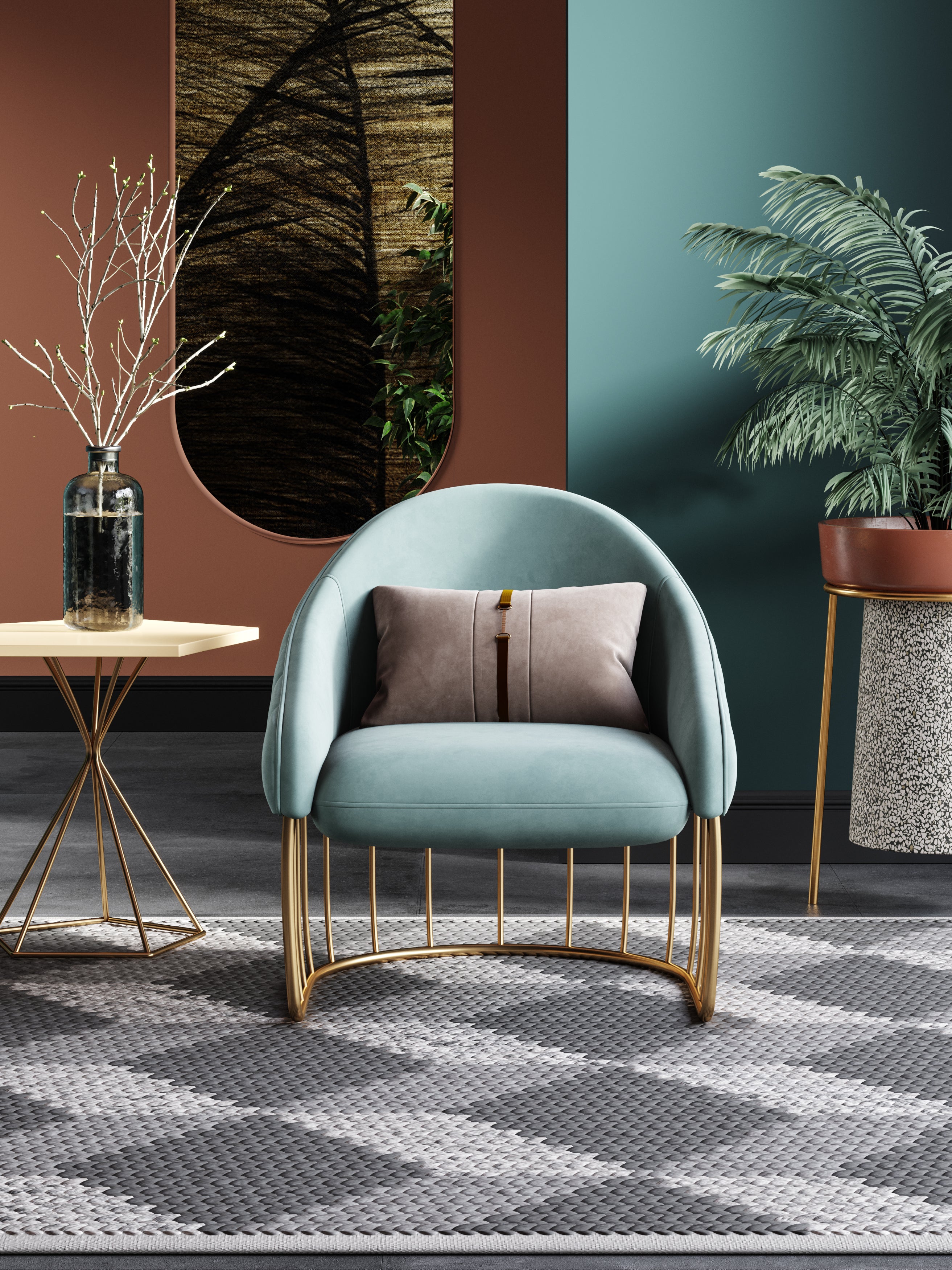 Blue Velvet Accent Chair with Metal Accents