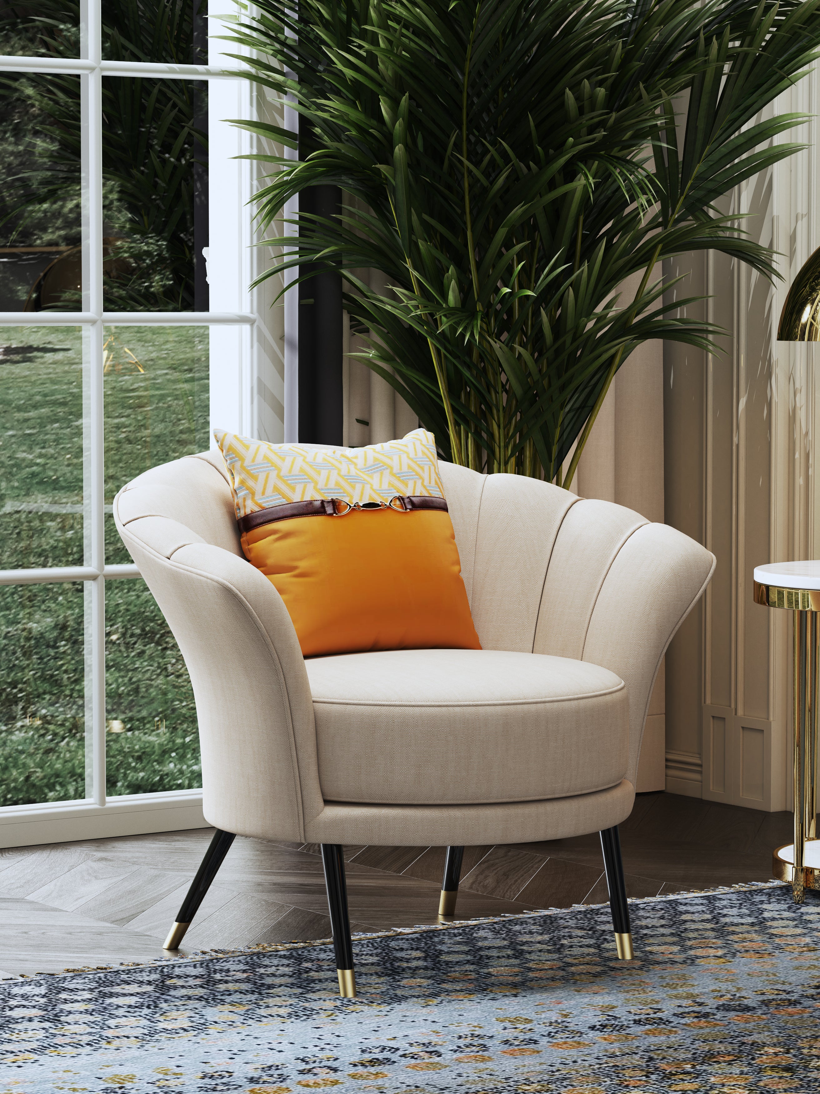 Genuine Leather Accent Chair with Metal Accents