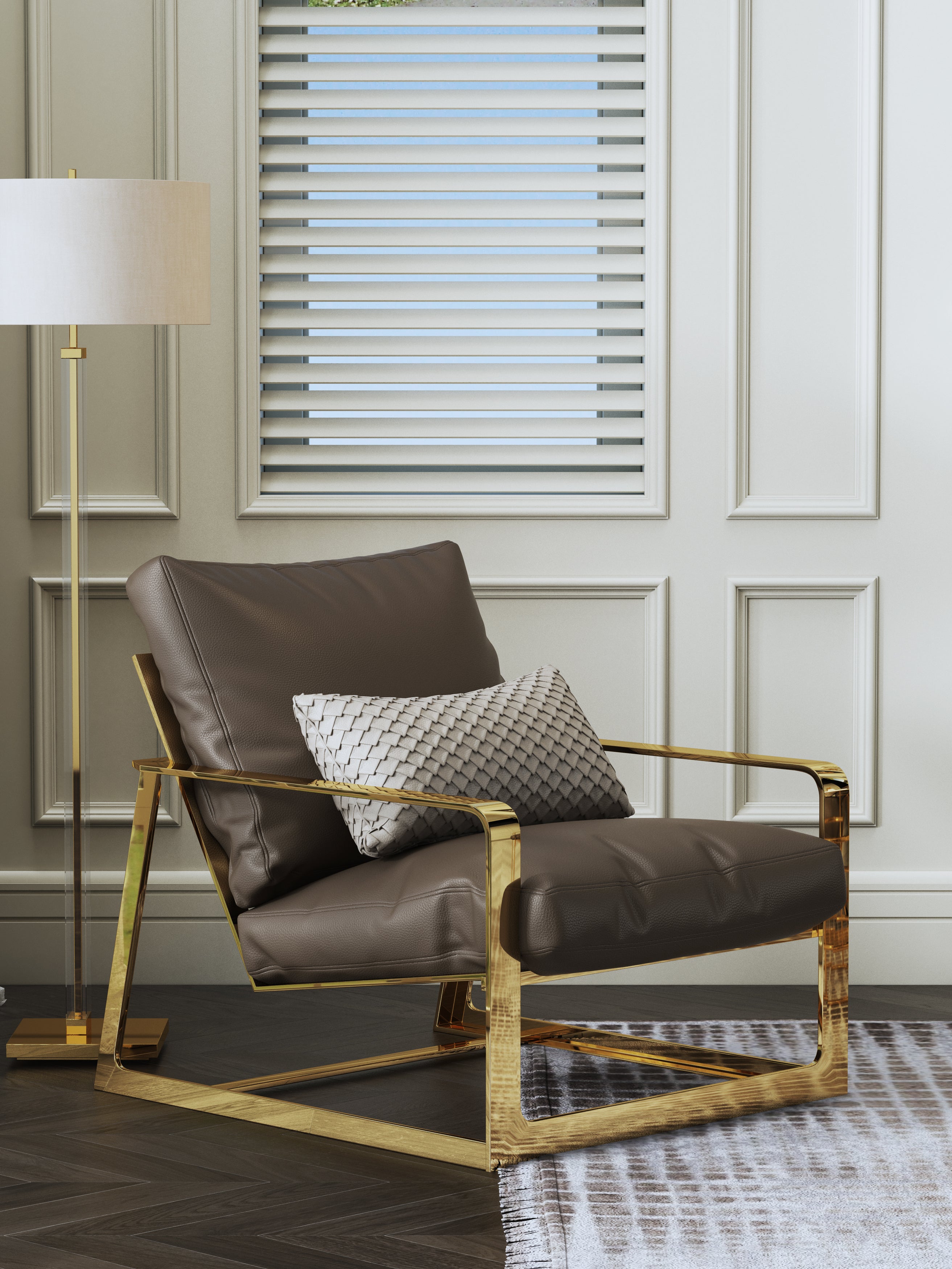 Coffee Brown Genuine Leather Accent Chair with Metal Accents