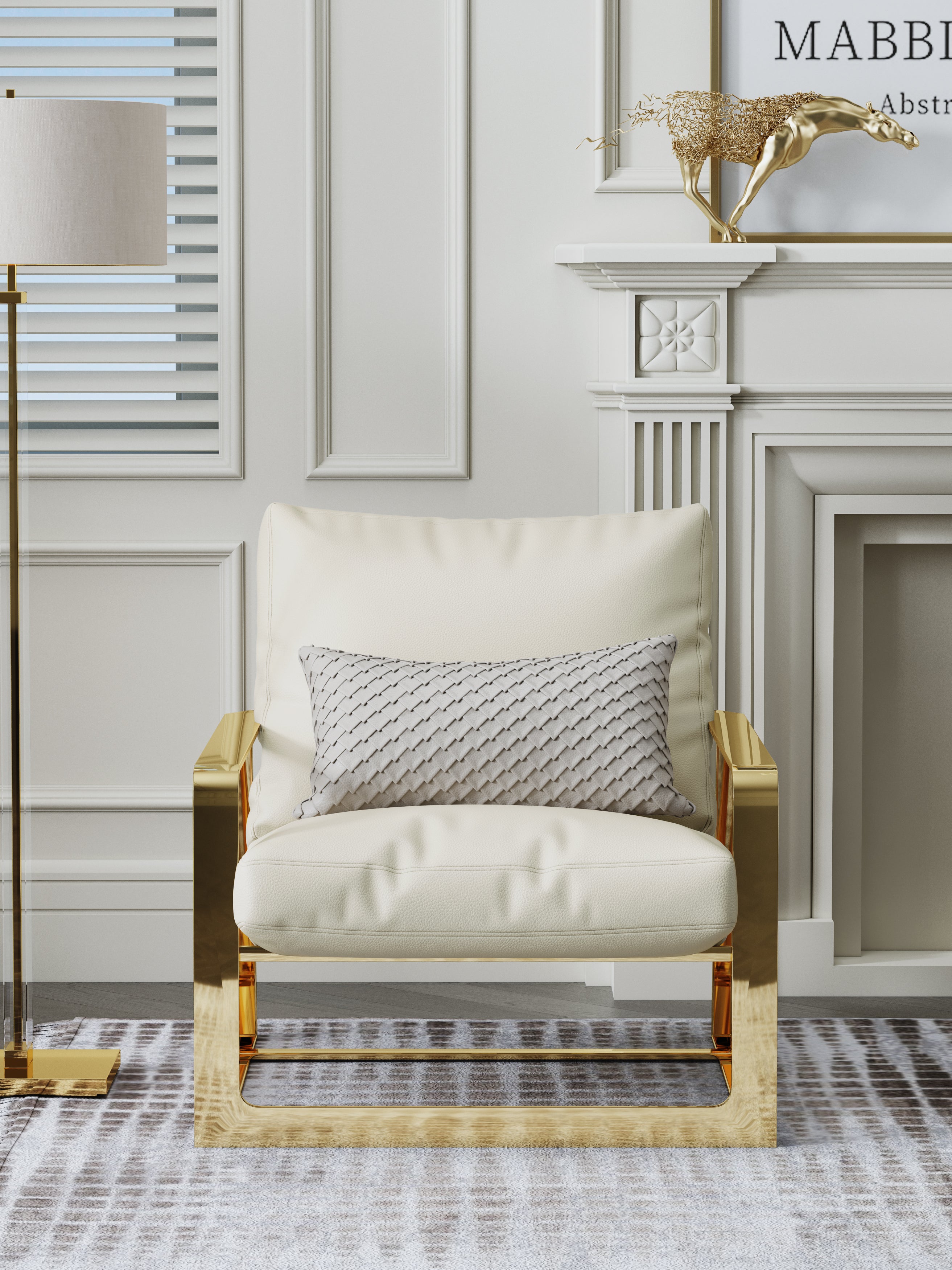 Warm White Genuine Leather Accent Chair with Metal Accents