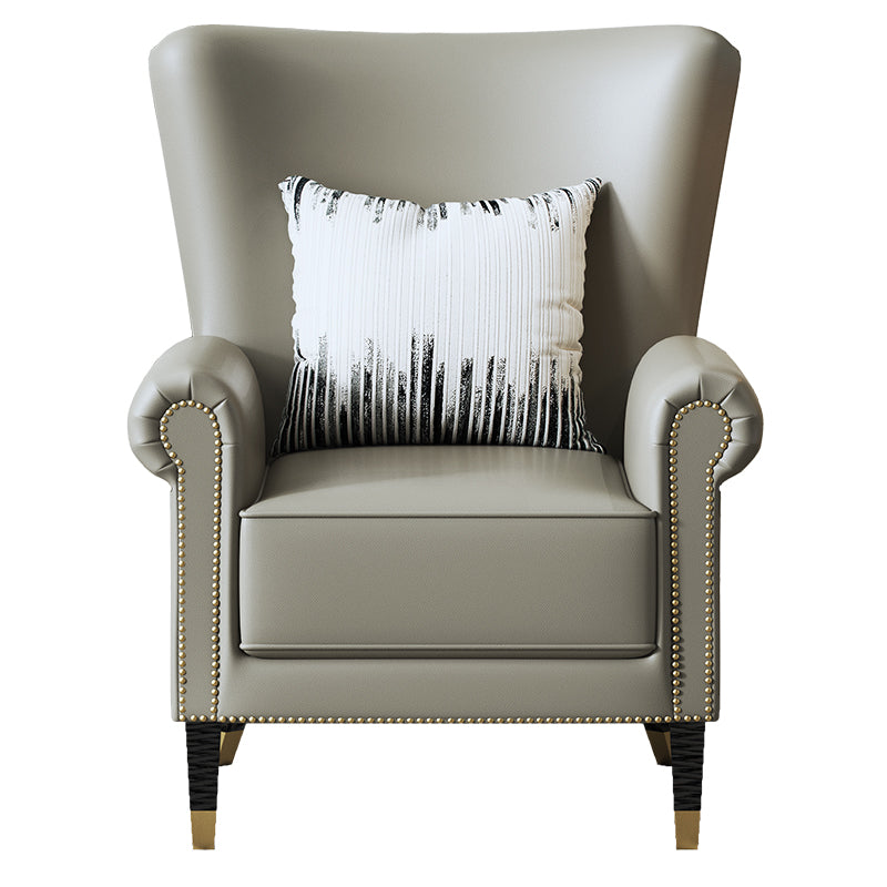 Grey Genuine Leather Accent Chair with Metal Accents