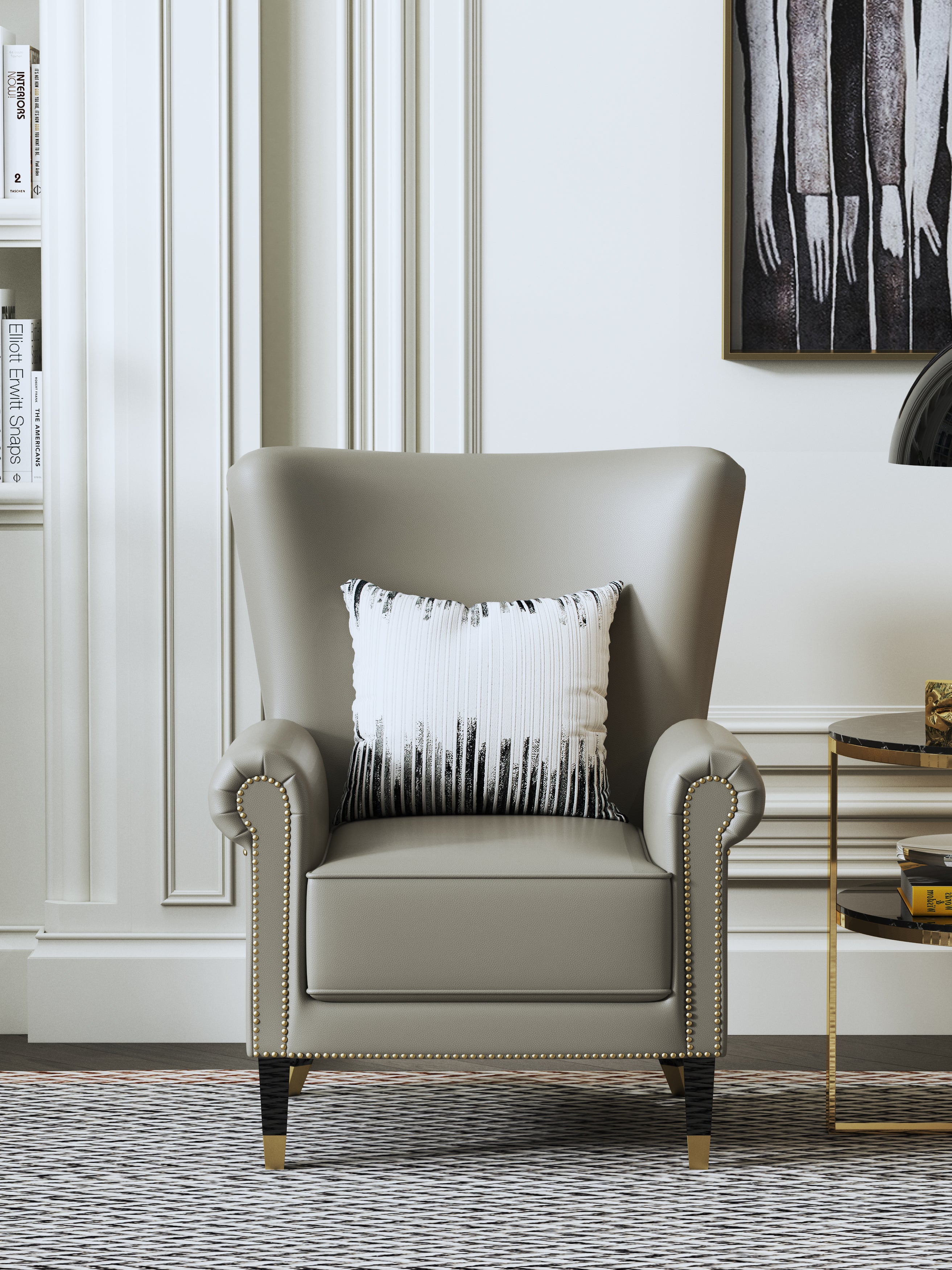 Grey Genuine Leather Accent Chair with Metal Accents
