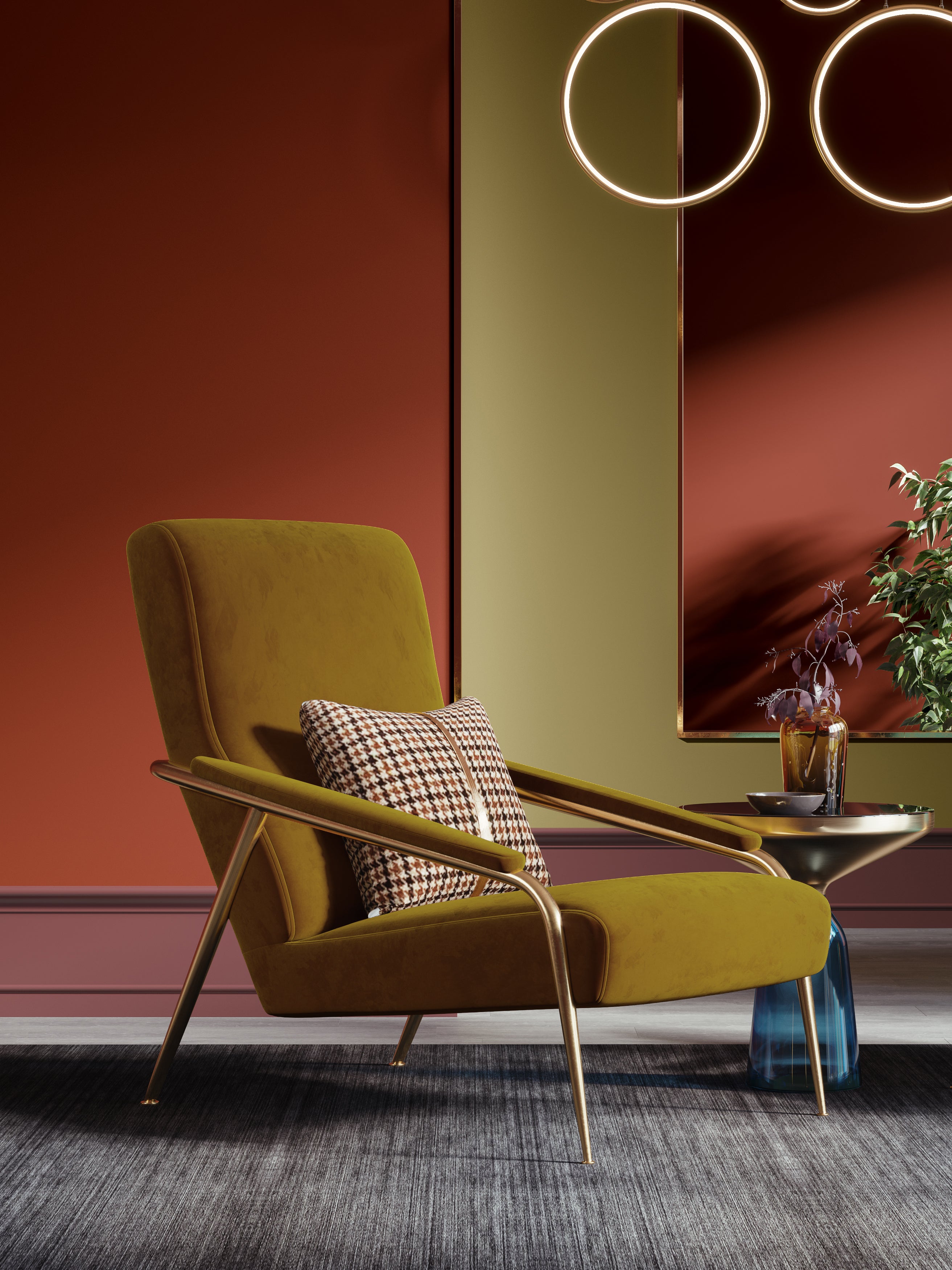 Yellow Velvet Accent Chair with Metal Accents