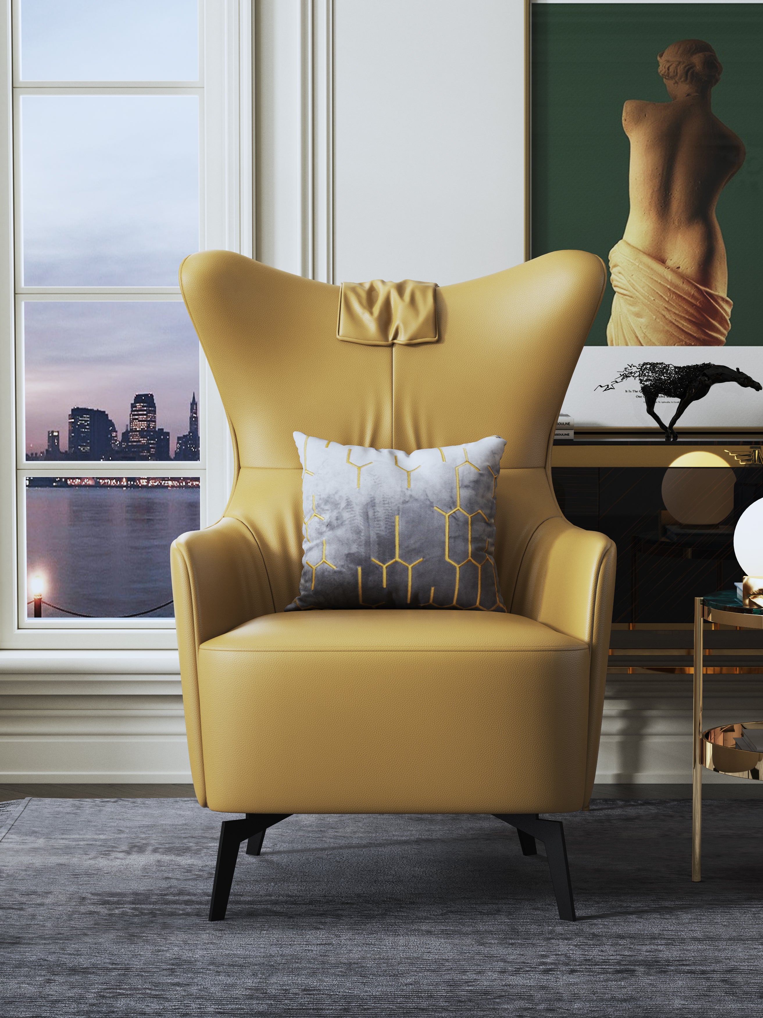 Genuine Leather Accent Chair with Metal Accents