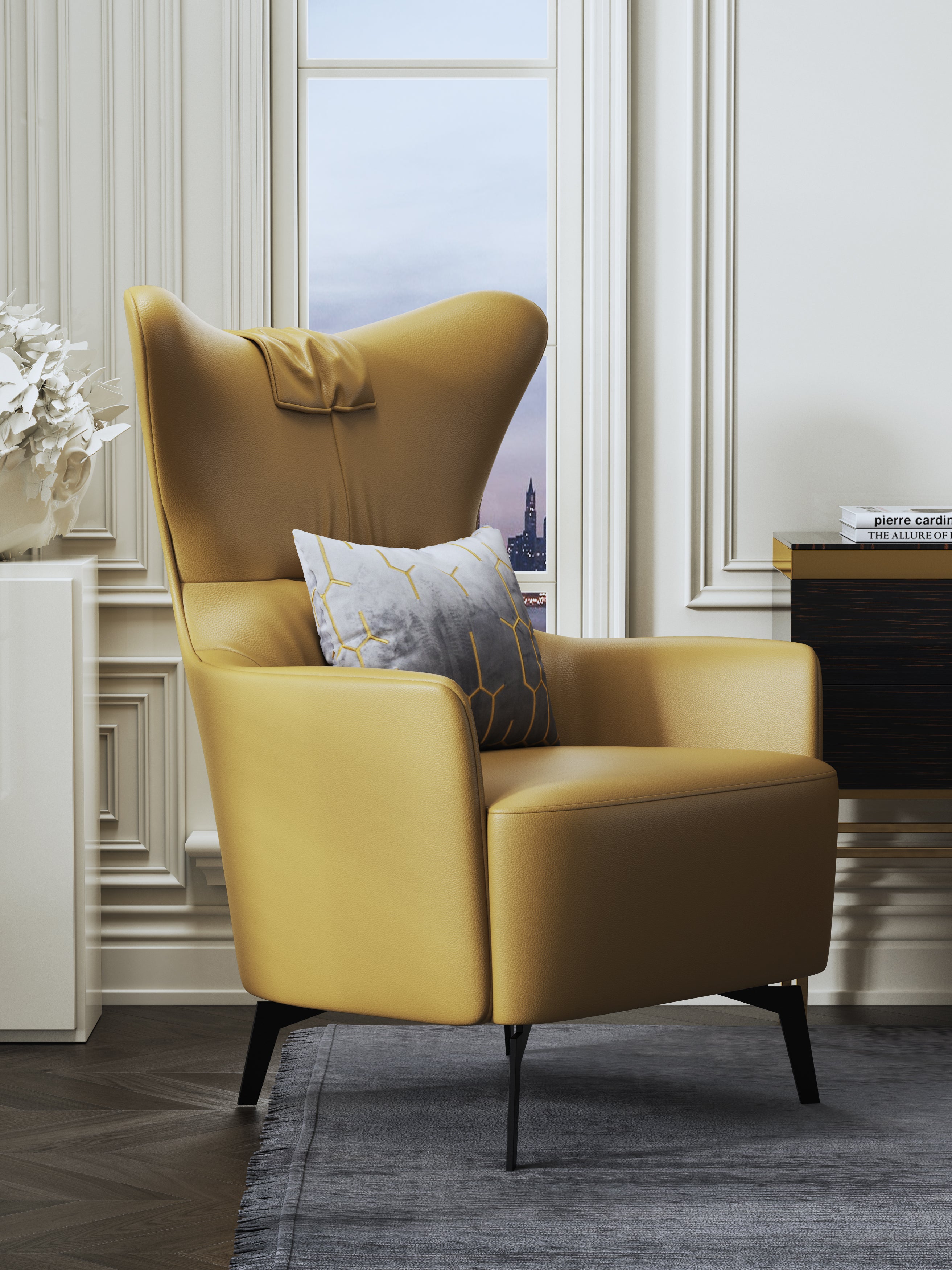 Genuine Leather Accent Chair with Metal Accents