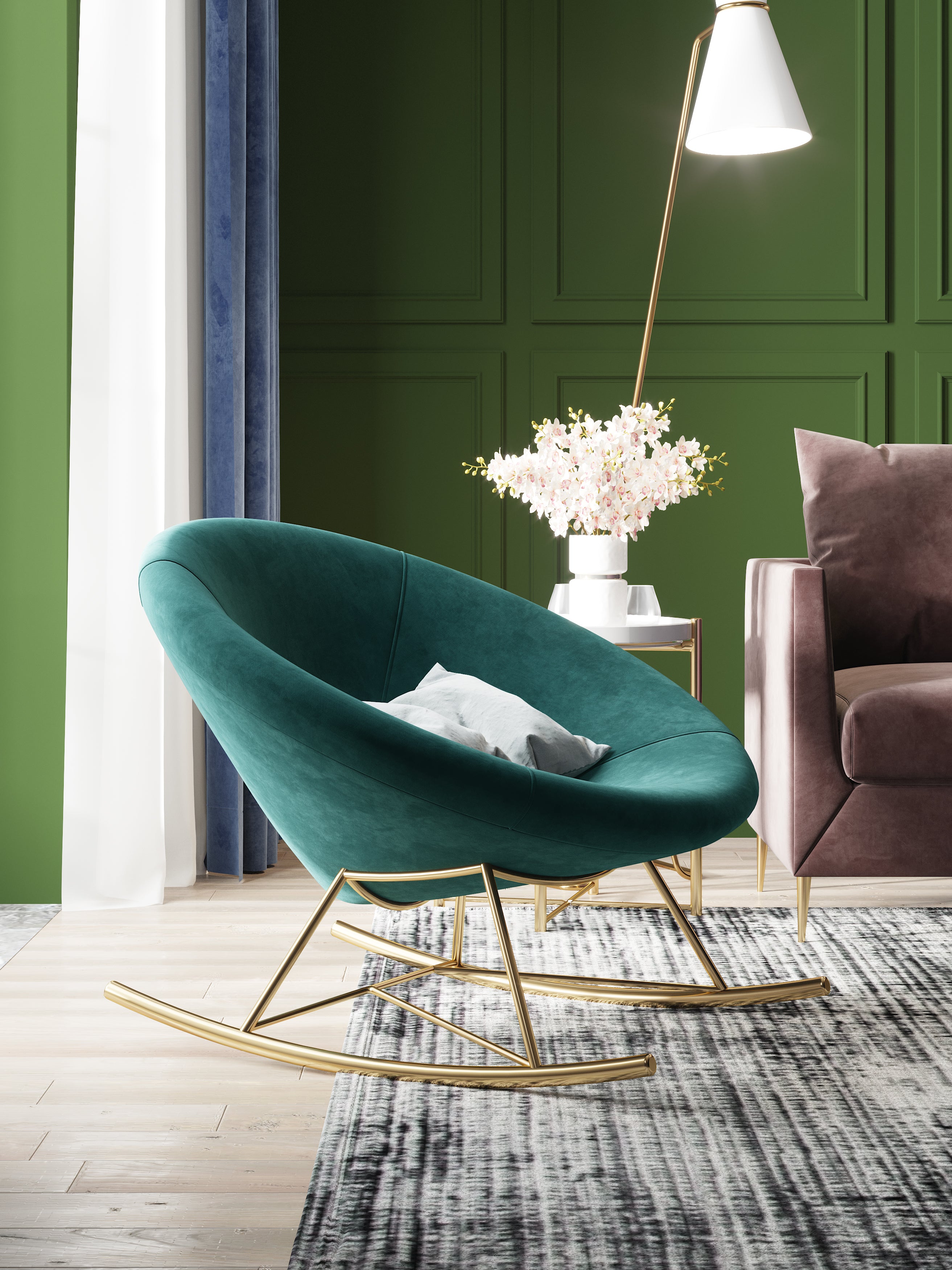 Dark Green Velvet Accent Chair with Metal Accents