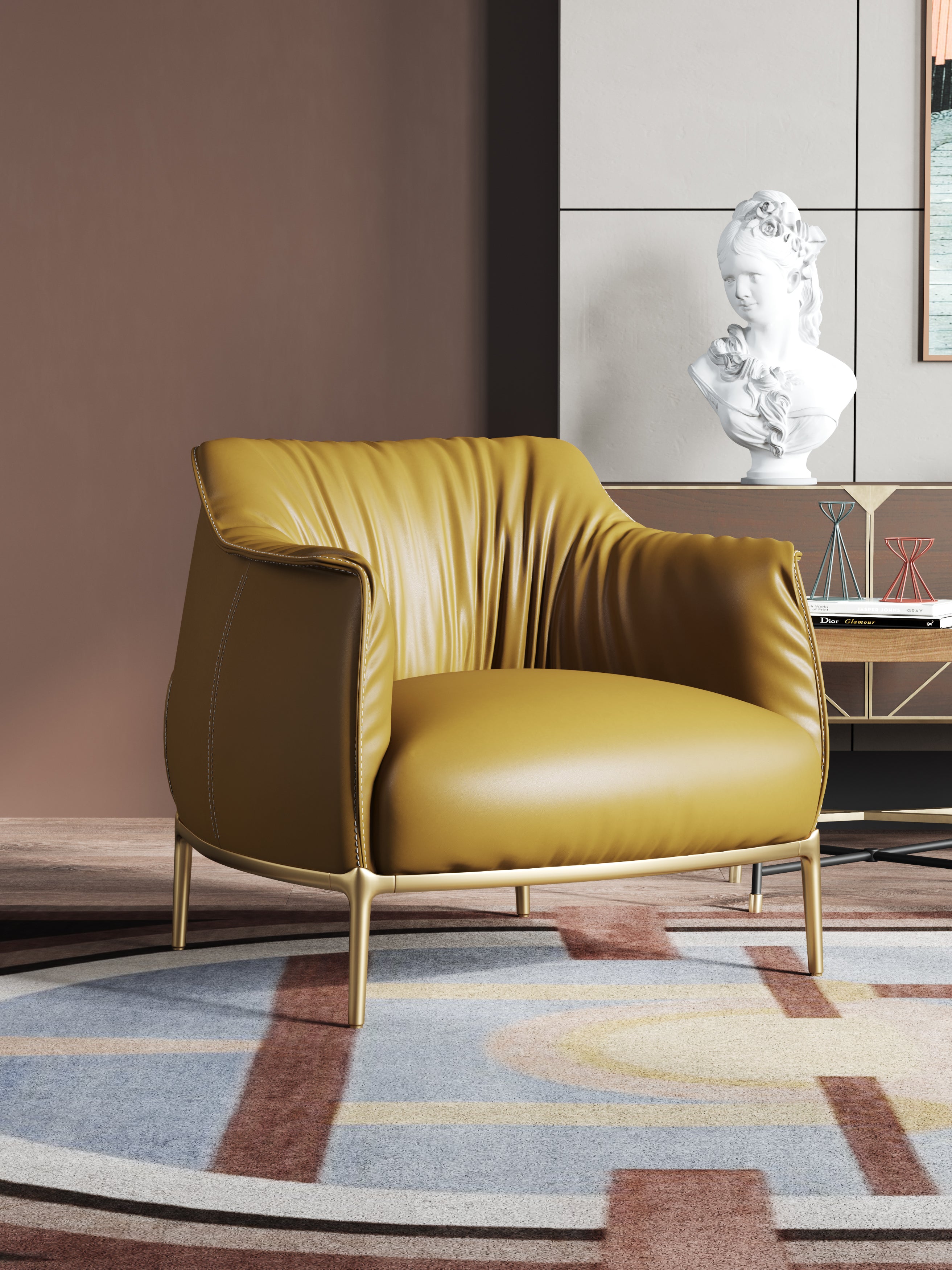 Yellow Genuine Leather Accent Chair with Metal Accents