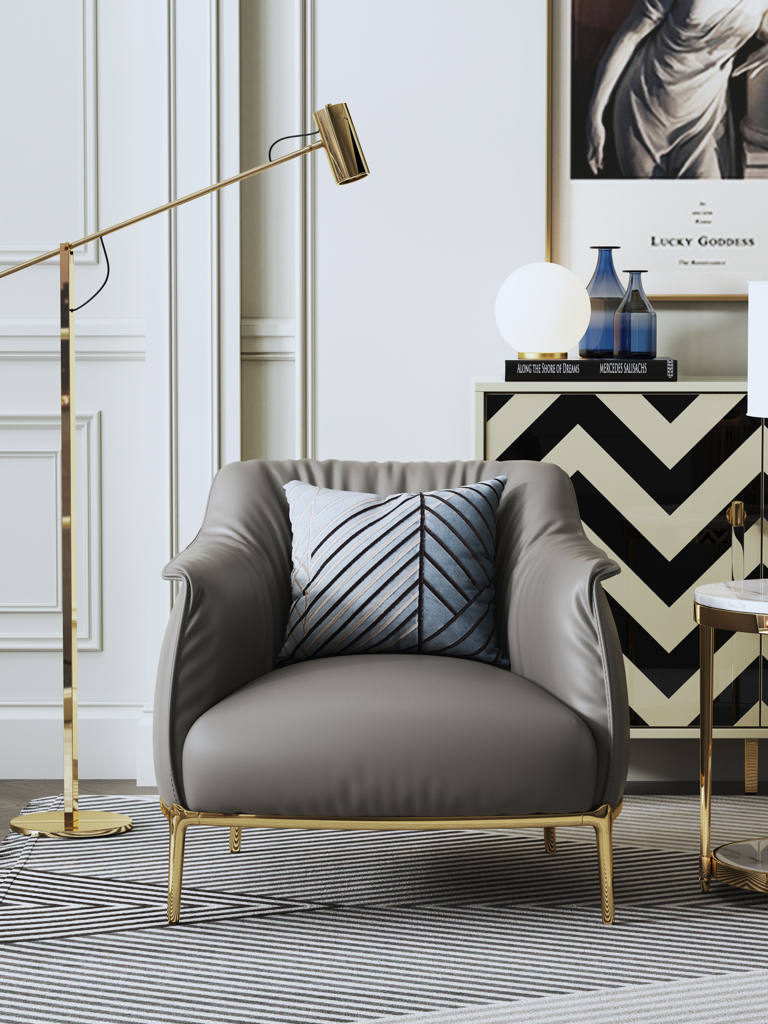 Grey Genuine Leather Accent Chair with Metal Accents