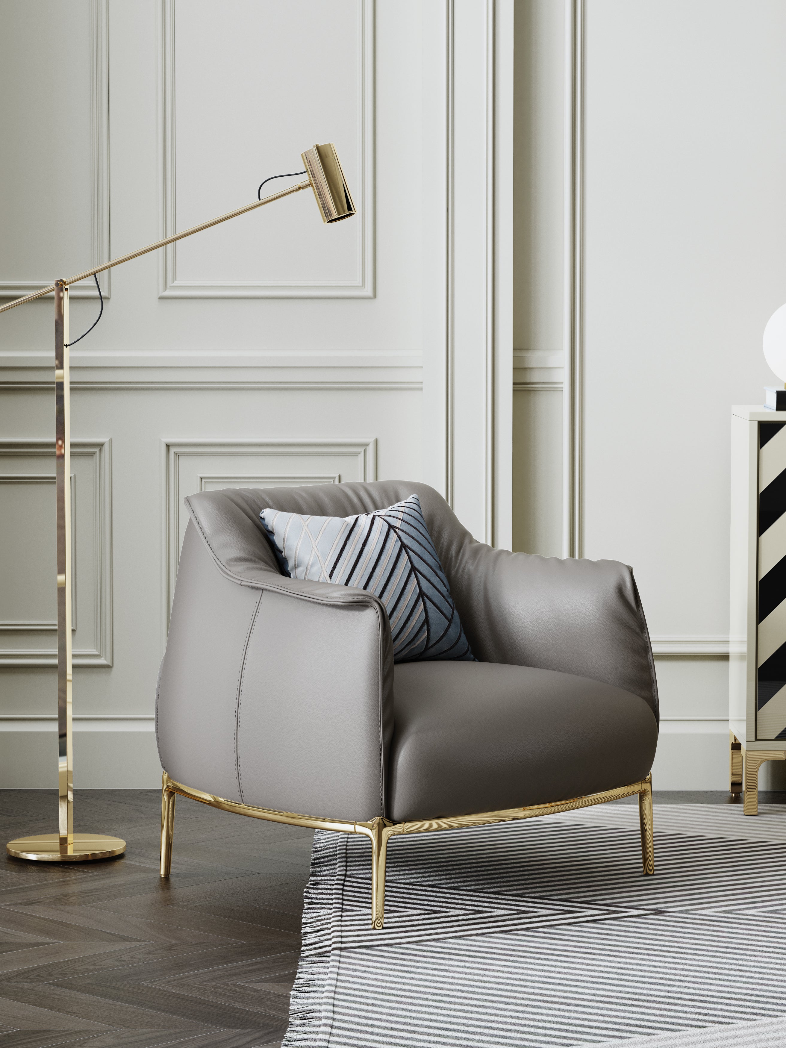 Grey Genuine Leather Accent Chair with Metal Accents