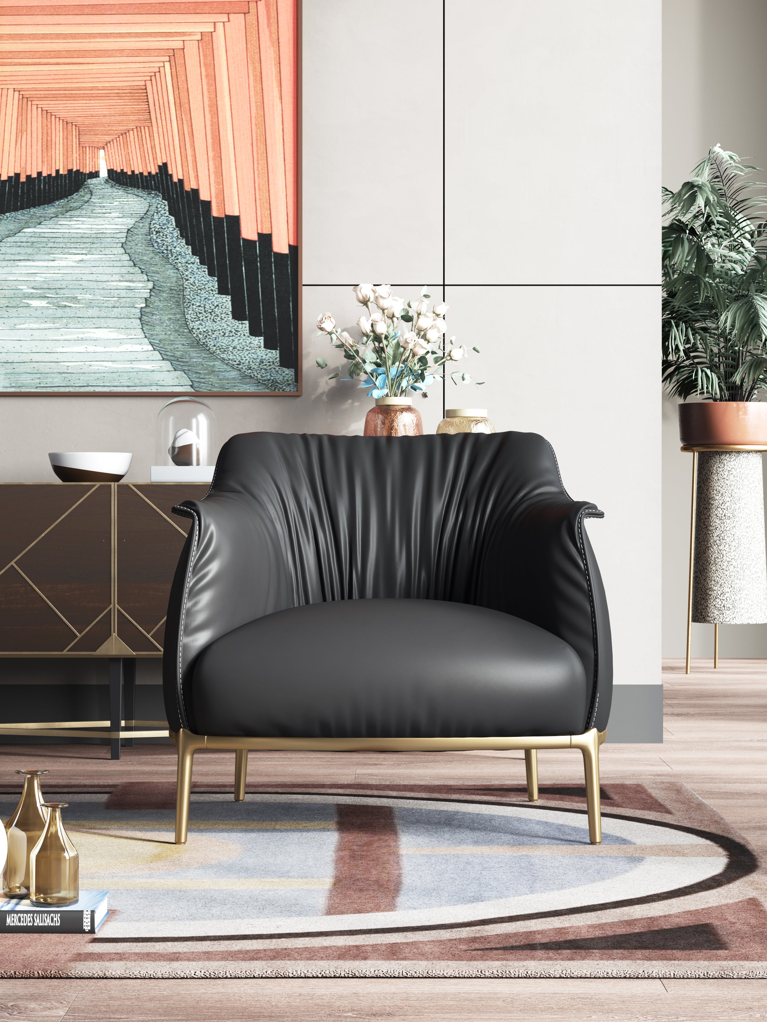 Black Leather Accent Chair with Metal Accents