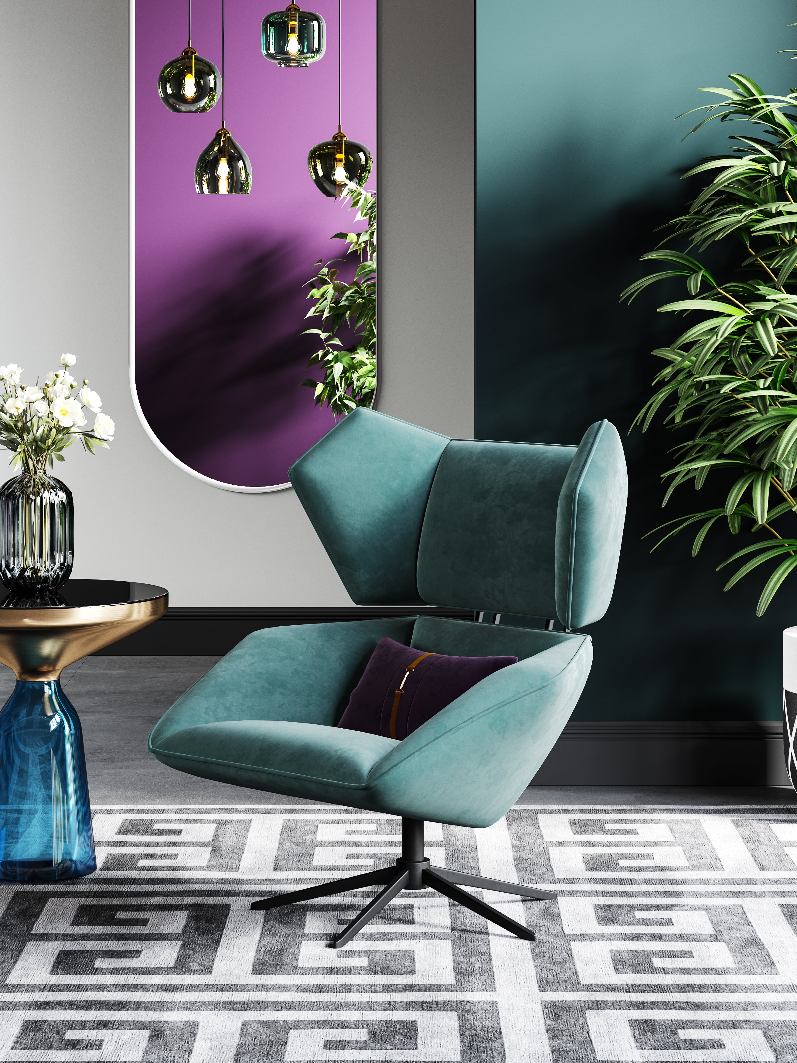 Blue Velvet Accent Chair with Metal Accents