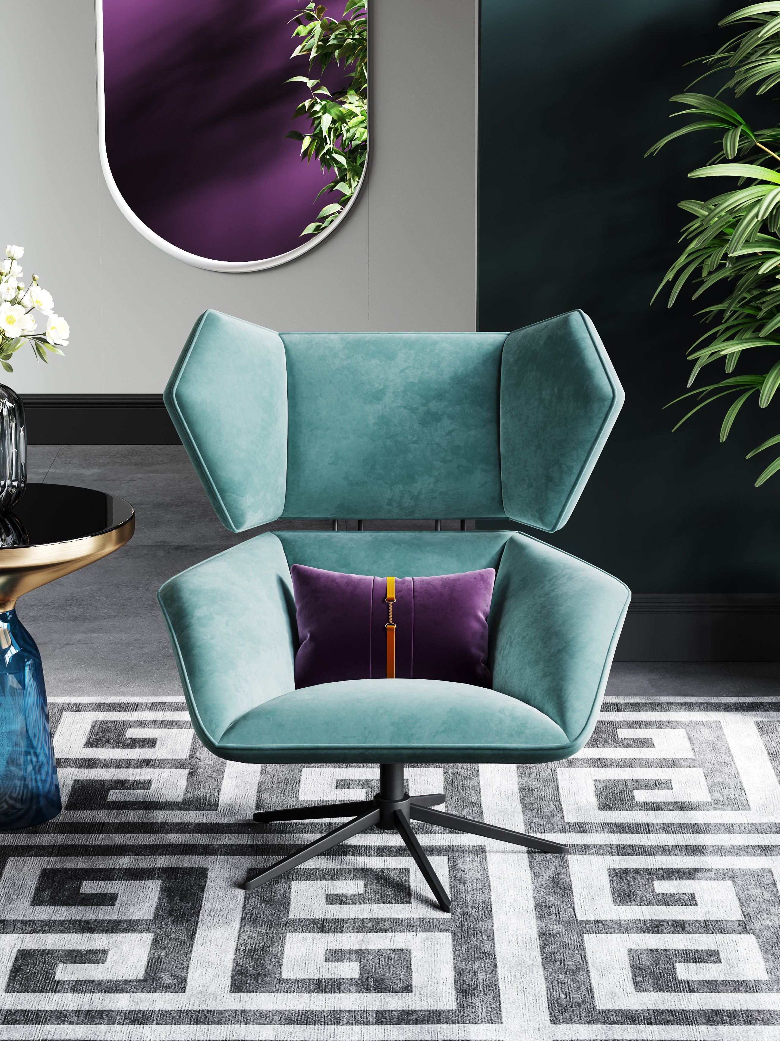 Blue Velvet Accent Chair with Metal Accents