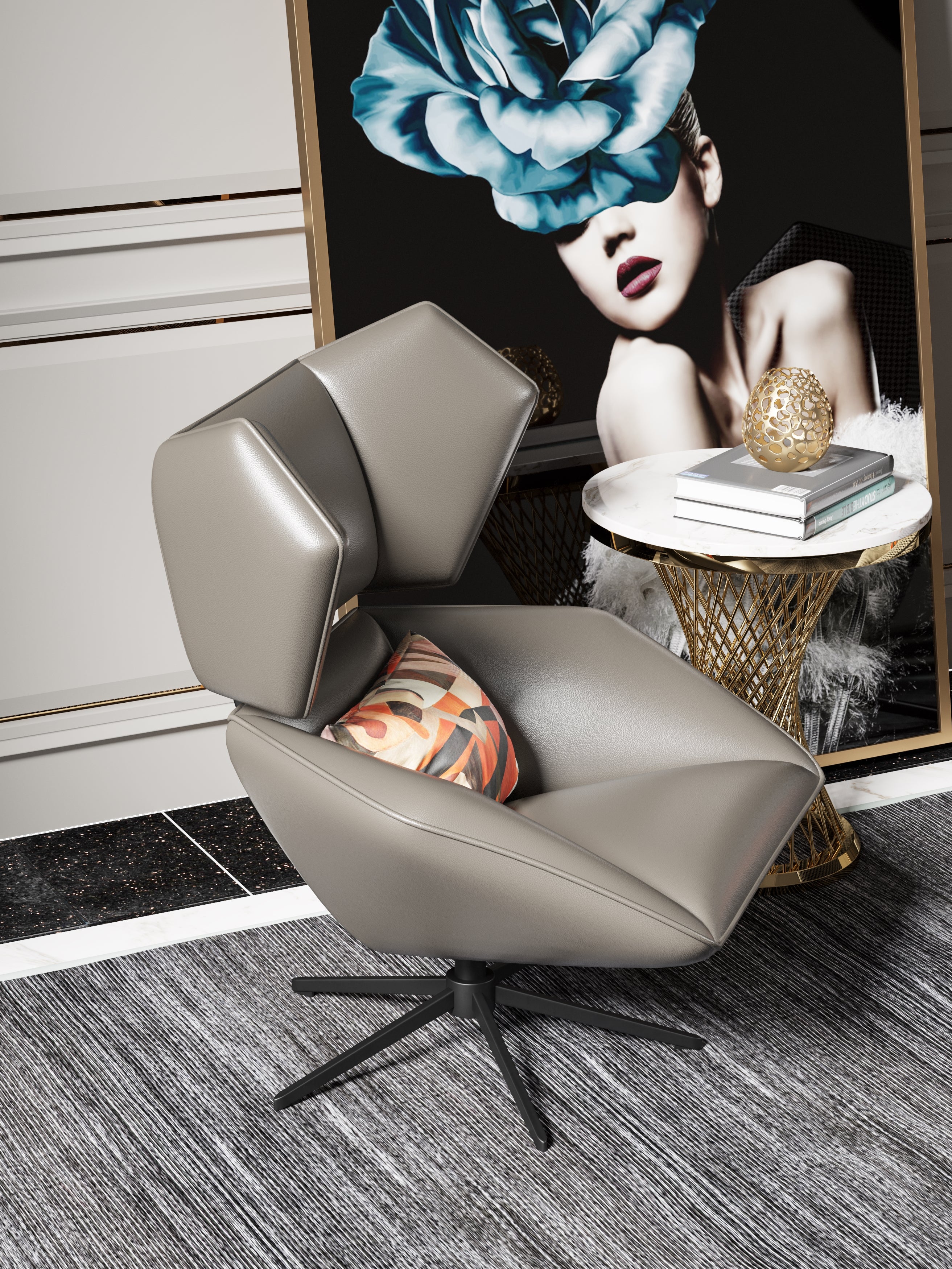 Genuine Leather Accent Chair with Metal Accents
