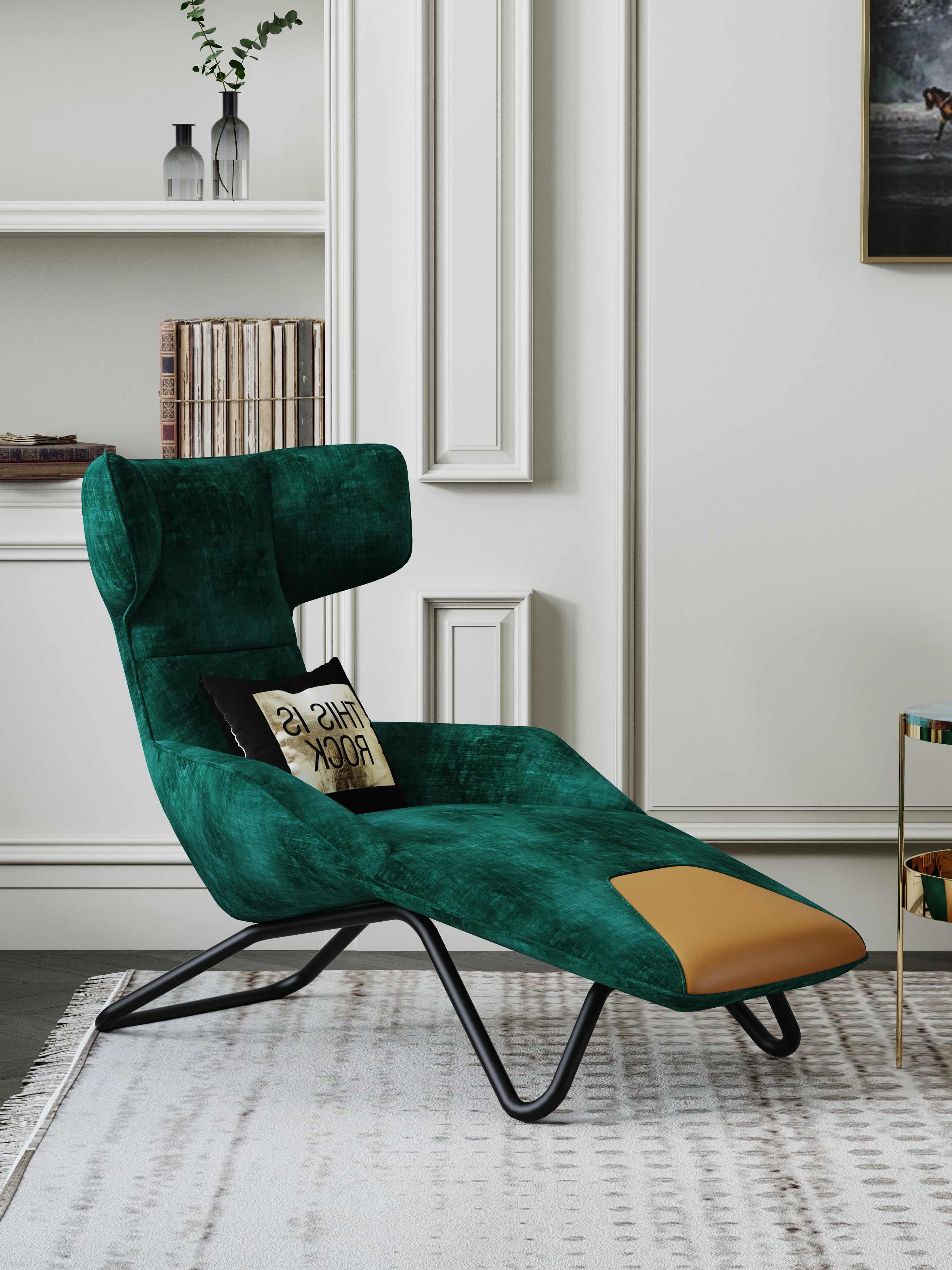 Green-and-Orange Upholstered Accent Chair with Metal Accents