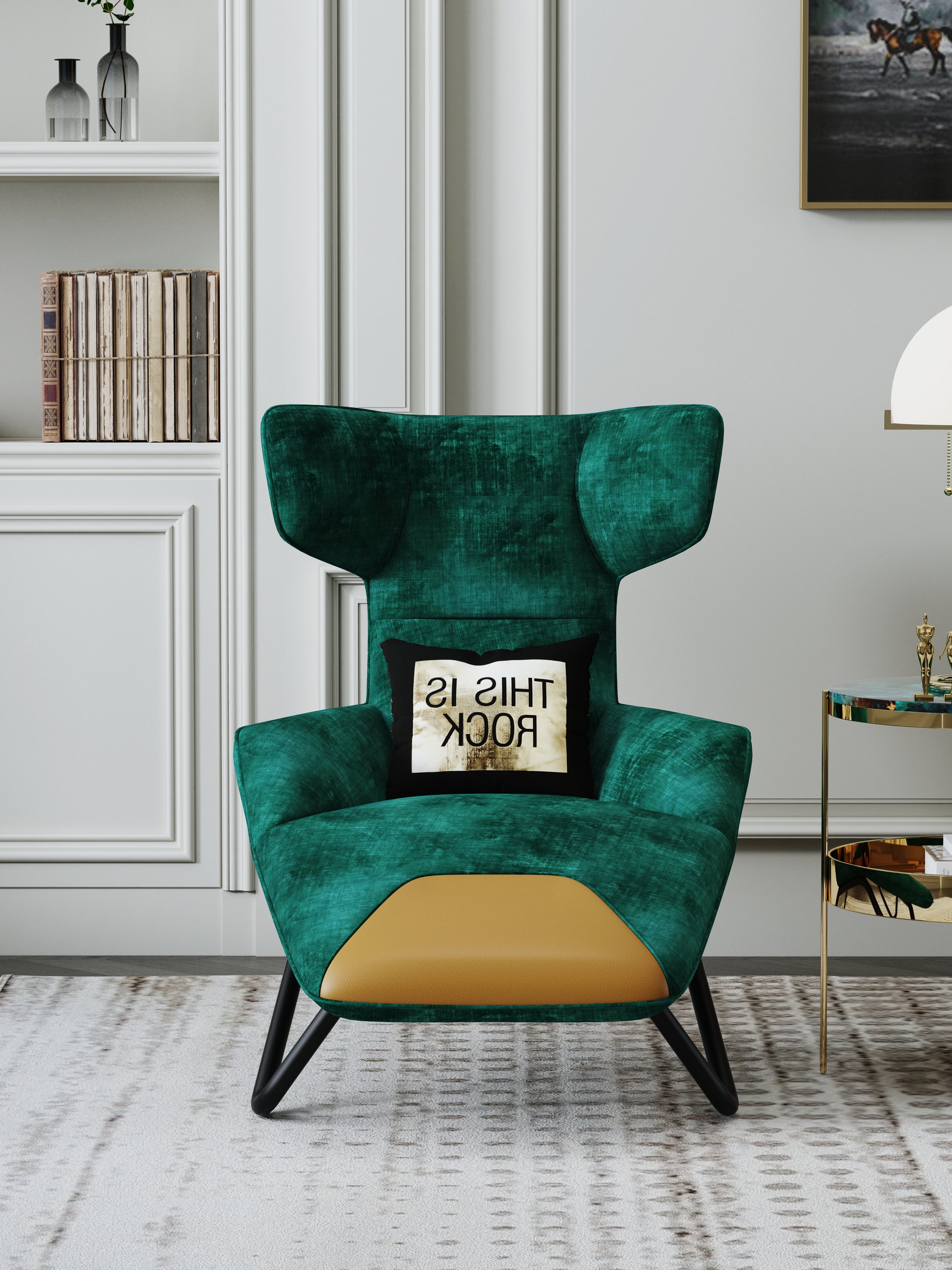 Green-and-Orange Upholstered Accent Chair with Metal Accents