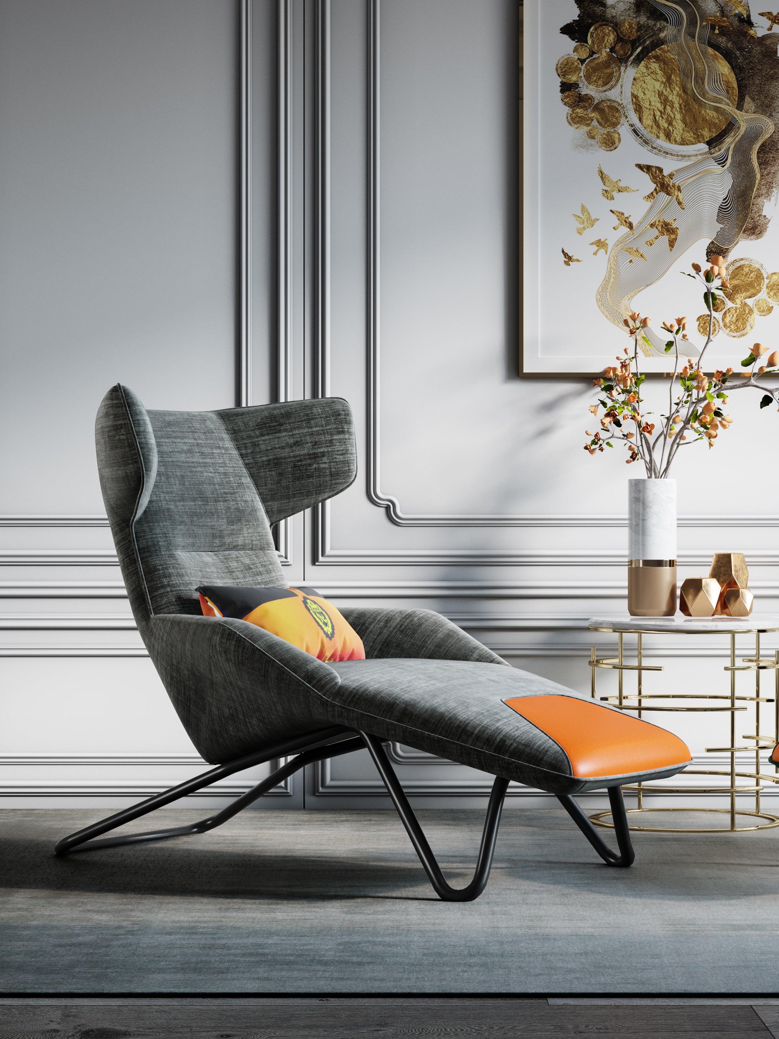 Grey-and-Orange Upholstered Accent Chair with Metal Accents