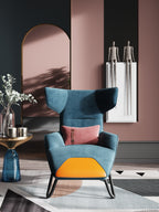 Blue-and-Orange Velvet Accent Chair with Metal Accents