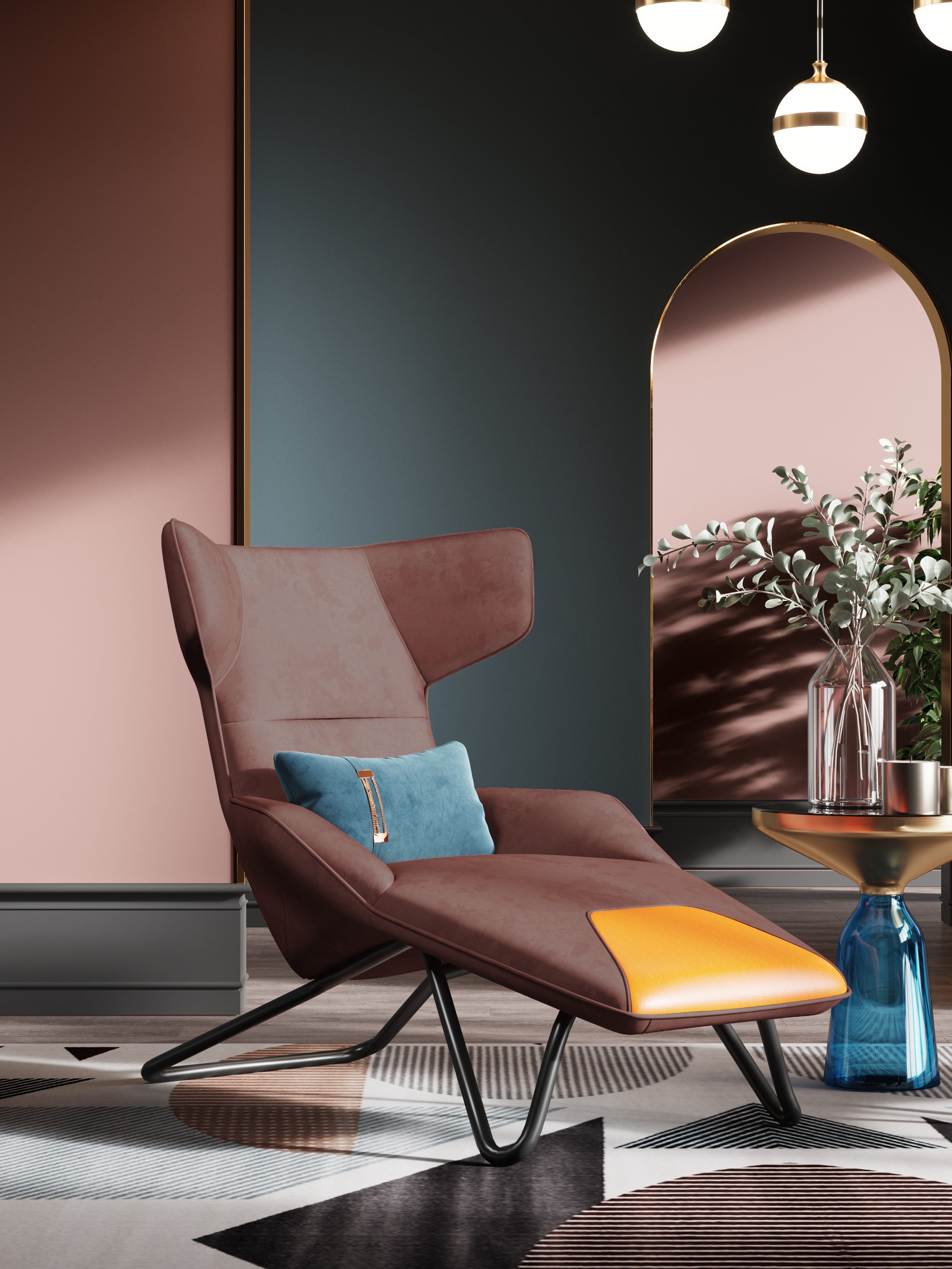 Coffee-and-Orange Velvet Accent Chair with Metal Accents