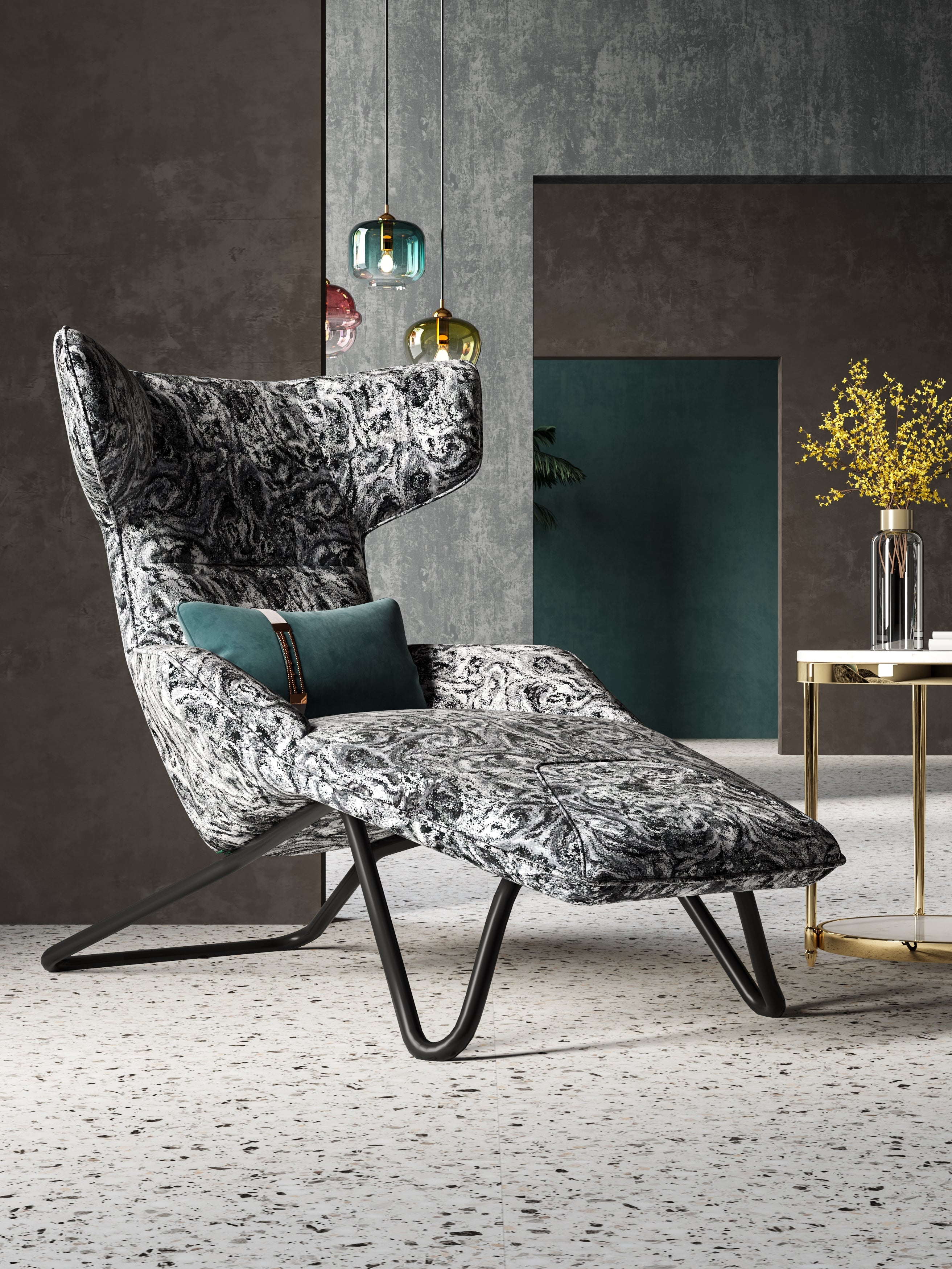 Embroidered Cotton Lounge Chair with Stainless Steel Frame