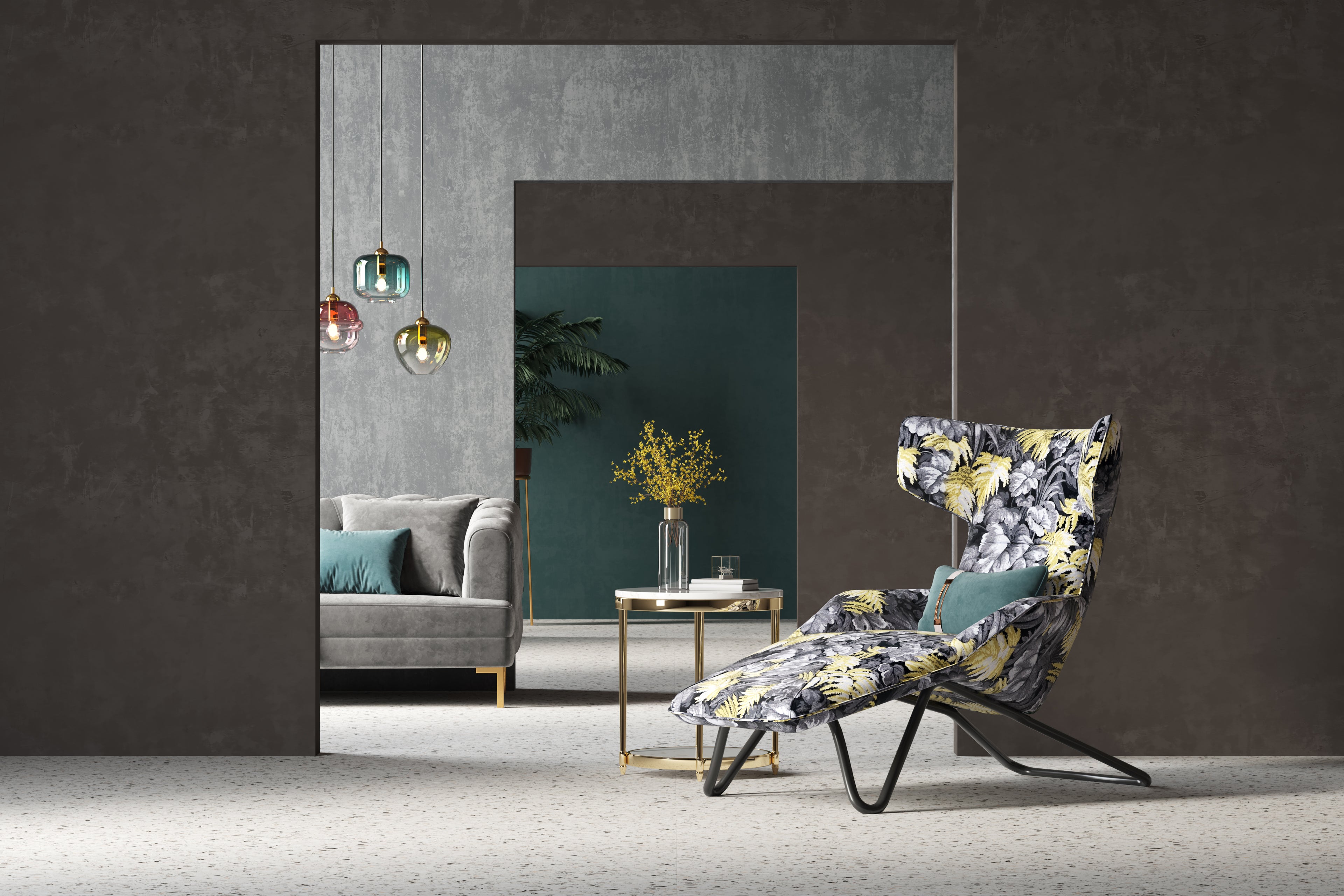 Embroidered Cotton Accent Lounge Chair with Steel Frame