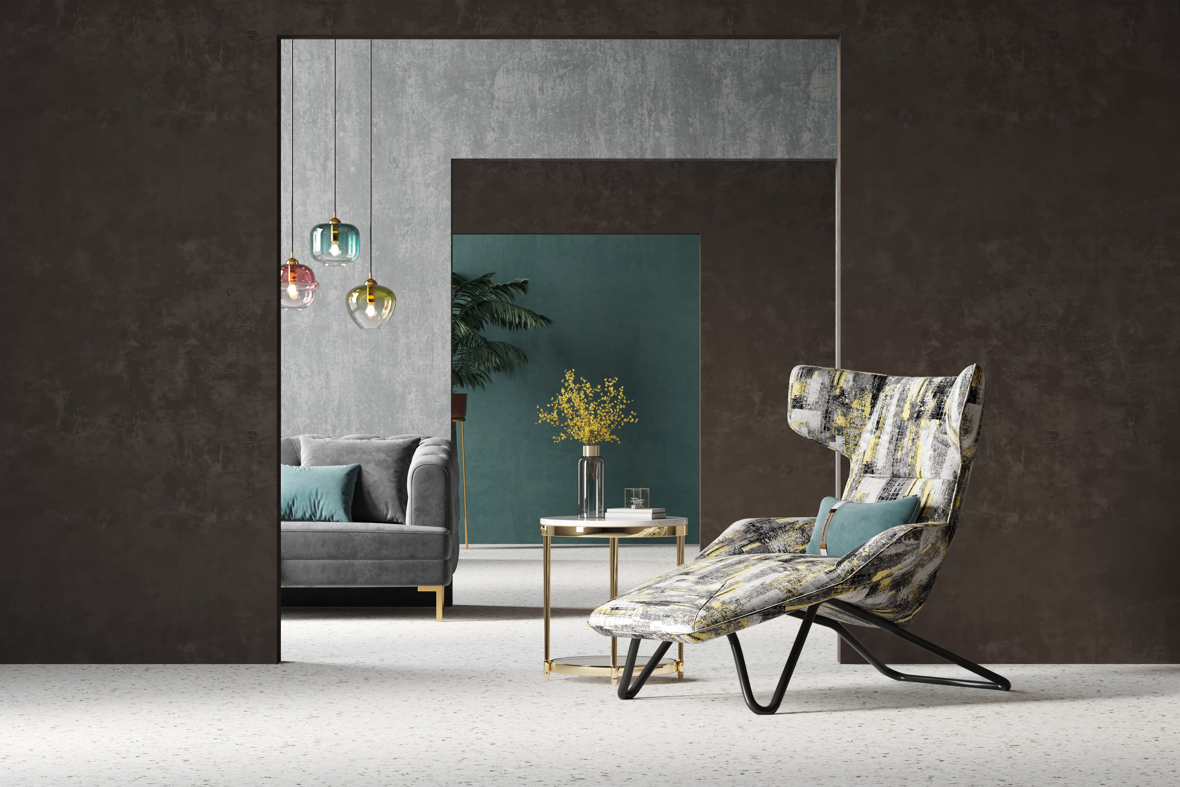 Knitted Embroidered Lounge Chair with Metal Frame