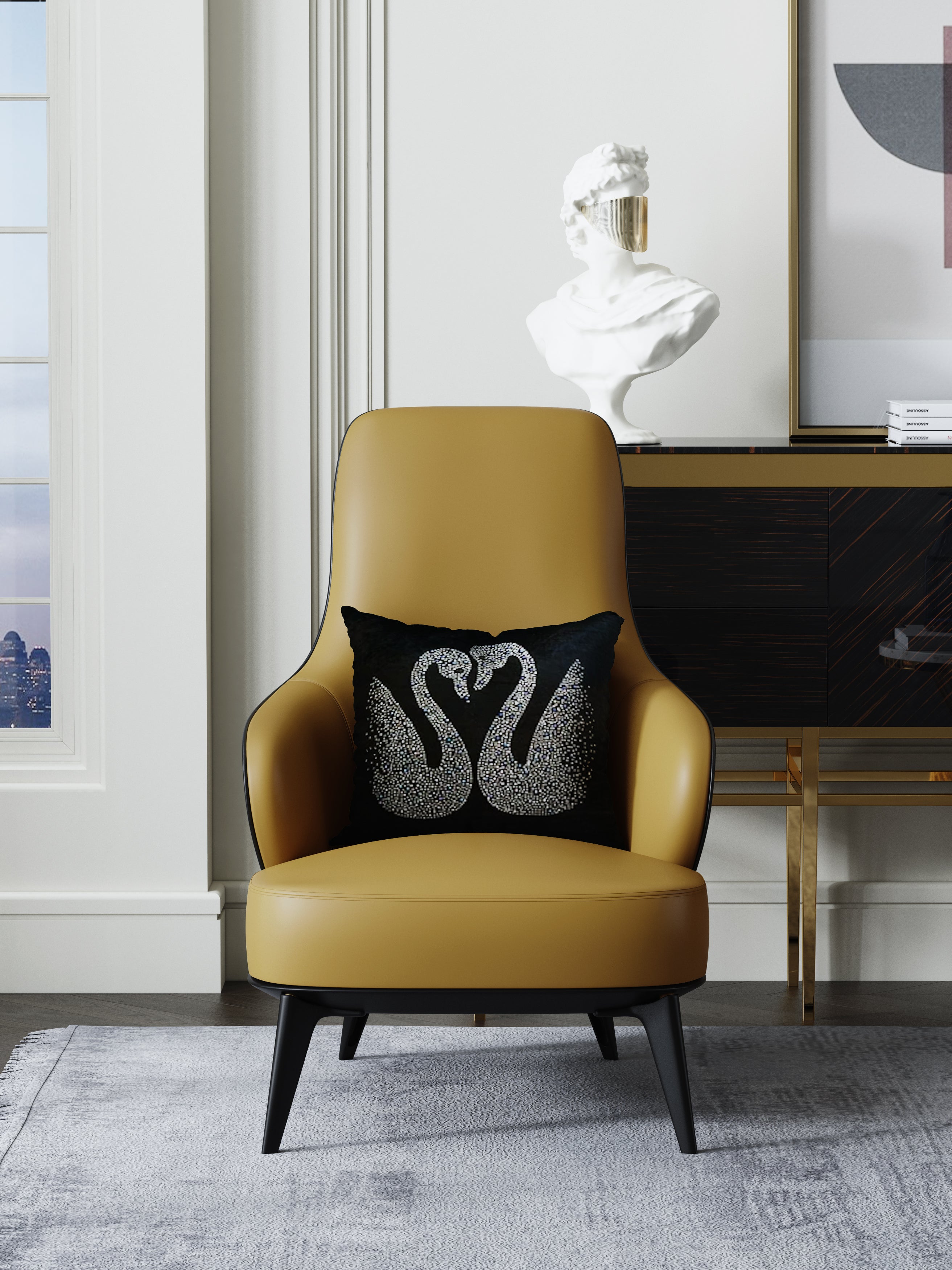 Genuine Leather Accent Chair with Metal Accents