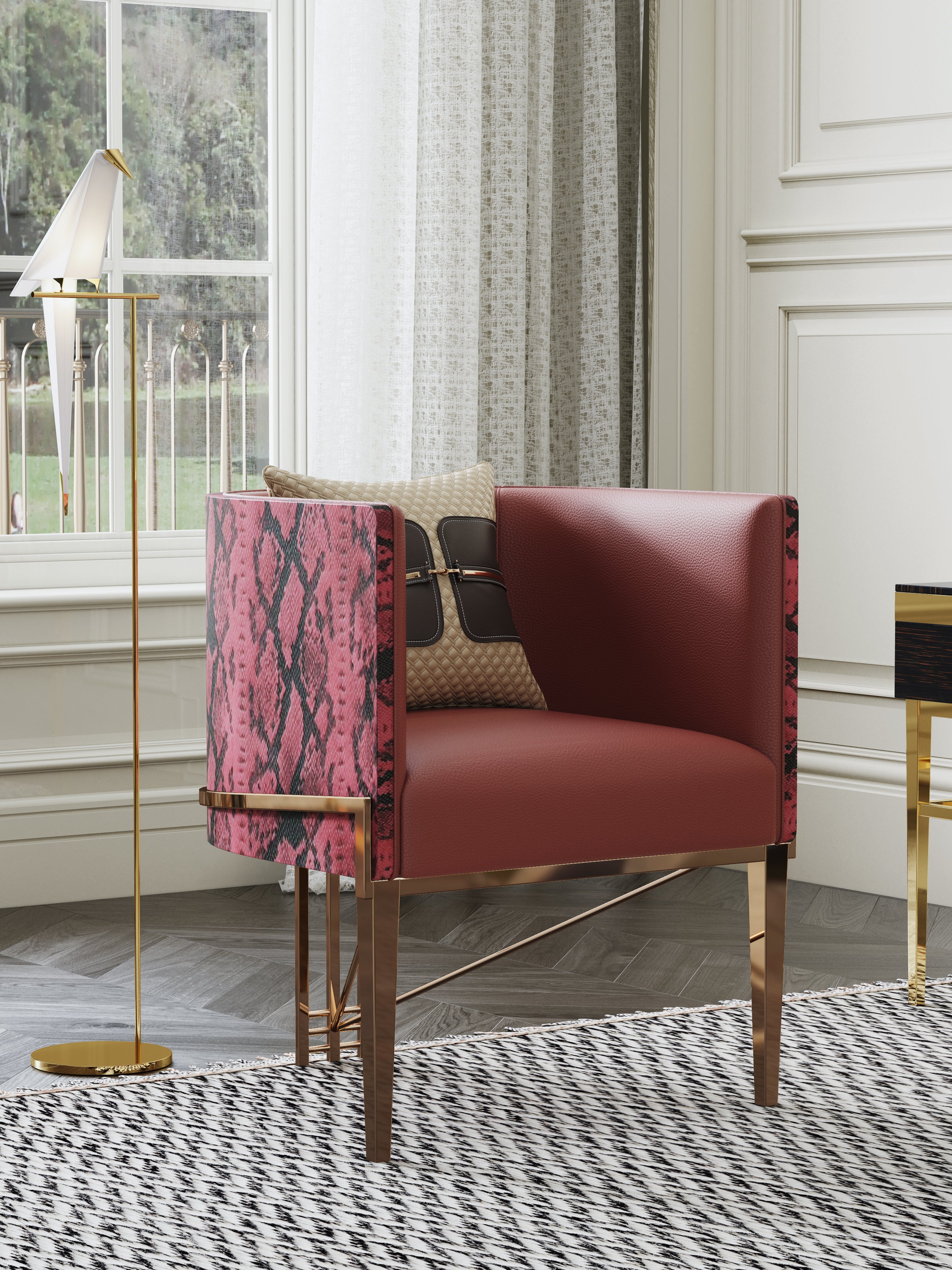Genuine Leather Accent Chair with Metal Accents