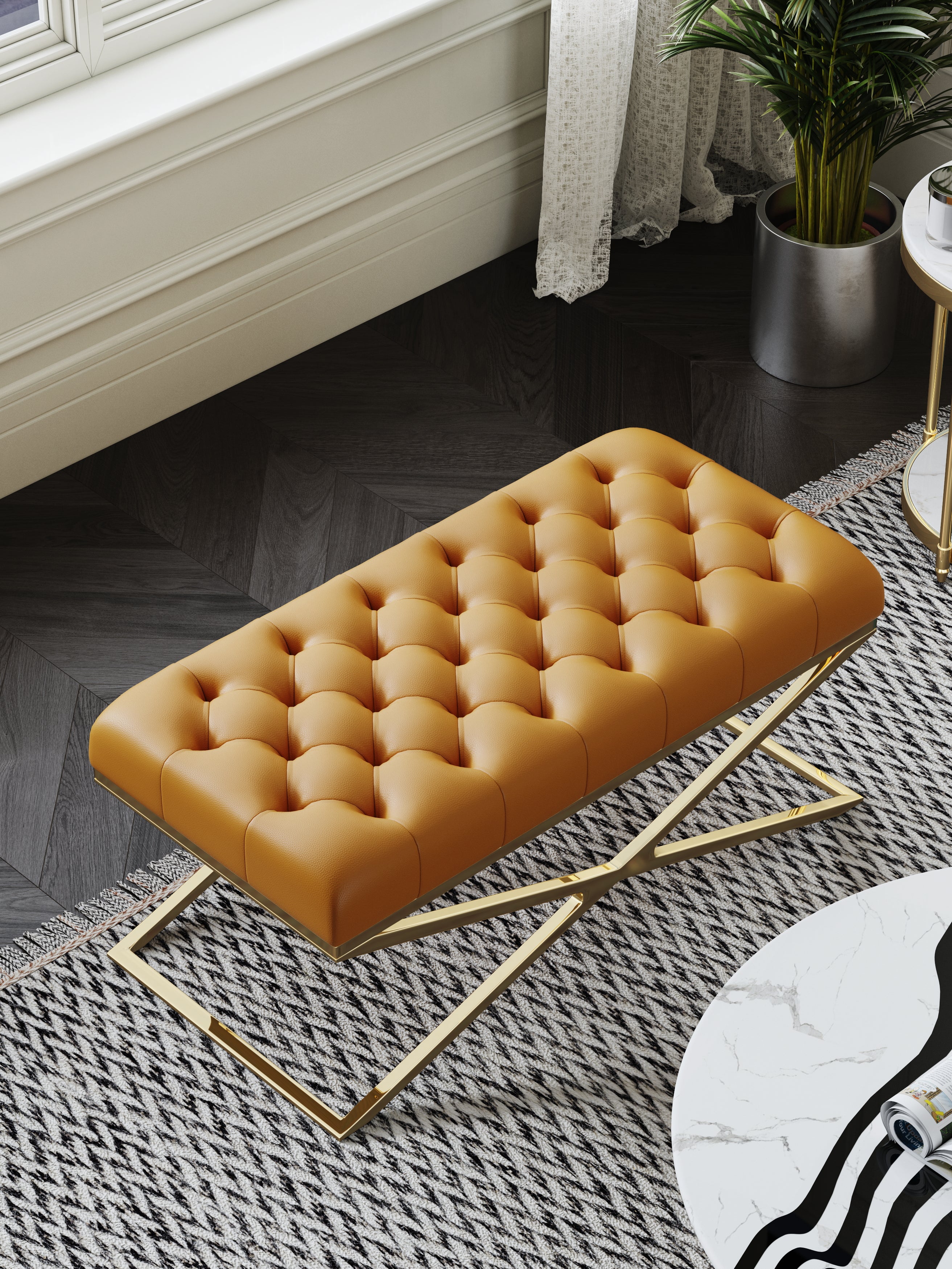 Orange Genuine Leather Bed Bench with Metal Frame