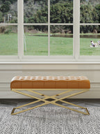 Orange Genuine Leather Bed Bench with Metal Frame