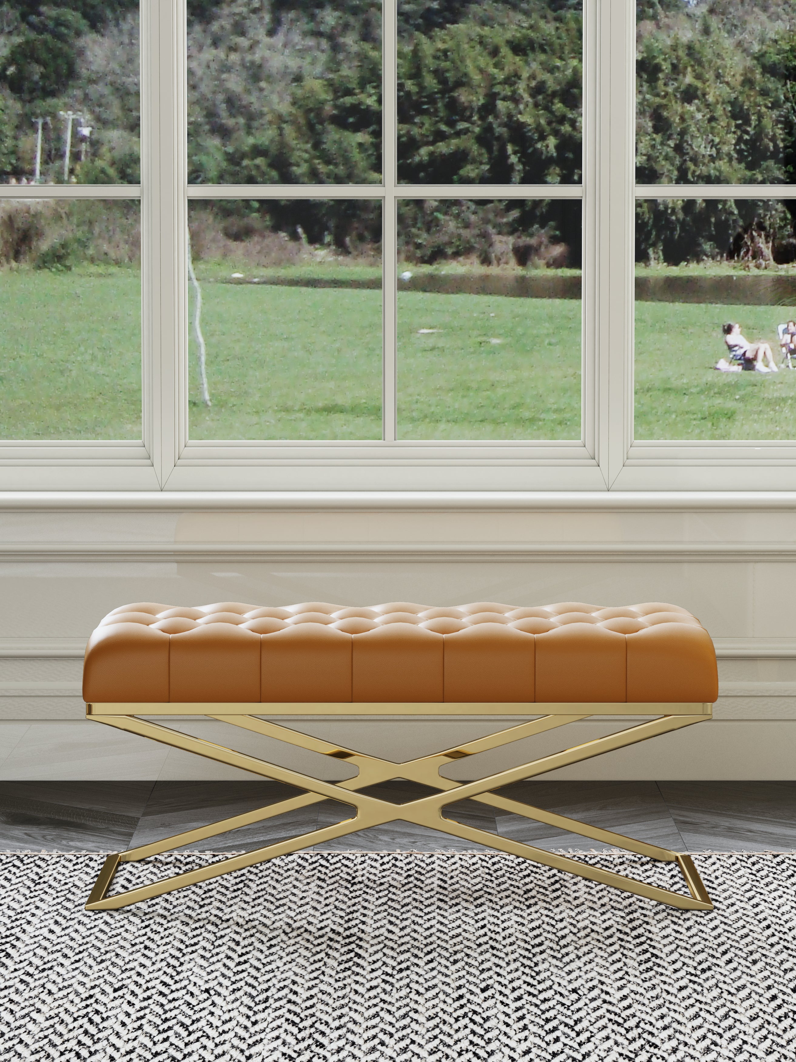 Orange Genuine Leather Bed Bench with Metal Frame