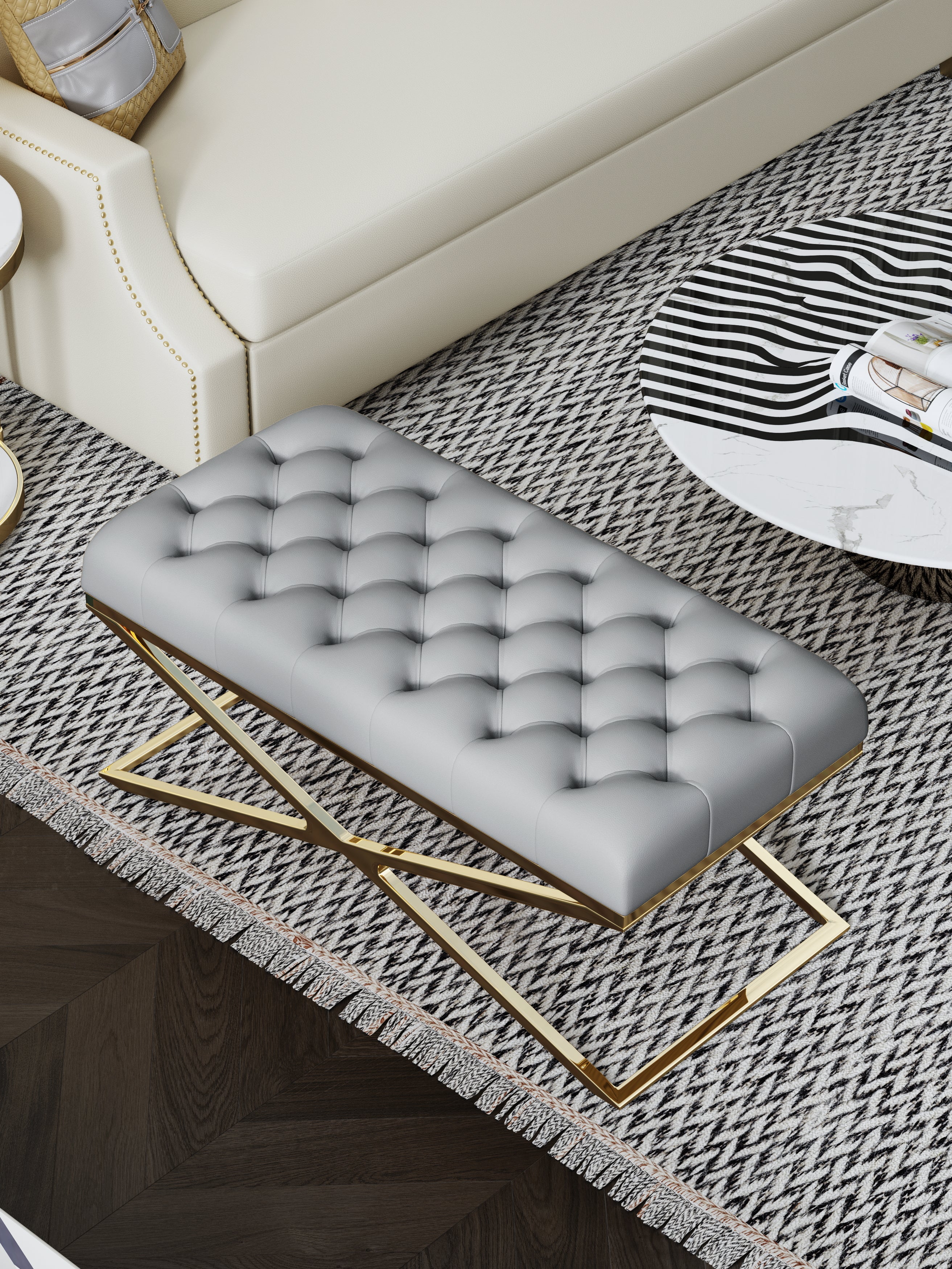 Gray Genuine Leather Bed Bench with Metal Frame
