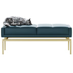 Blue Genuine Leather Bed Bench with Wood and Metal Frame