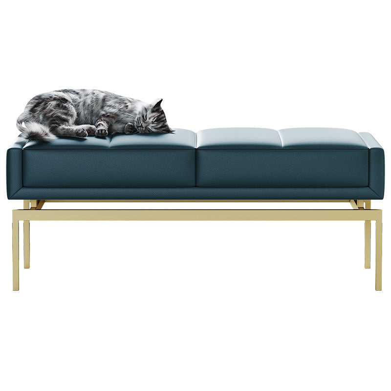 Blue Genuine Leather Bed Bench with Wood and Metal Frame